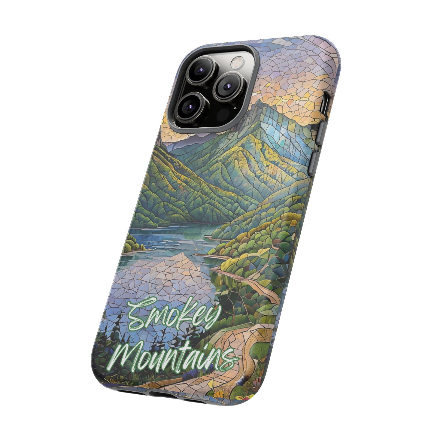 Great Smoky Mountains Mosaic Tough Phone Case Misty Mountain Forest Art, Nature Aesthetic, Compatible with iPhone, Galaxy, and Google Phones
