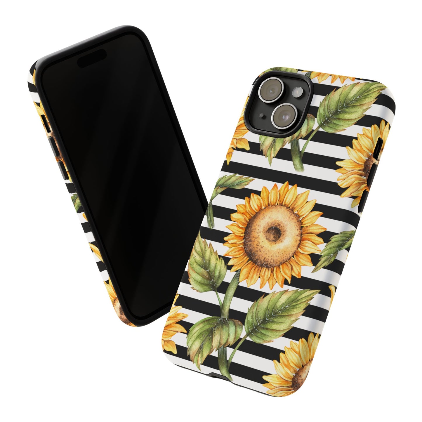 Sunflower Tough Phone Case - Bold Yellow Floral Art, Black and White Striped Aesthetic, Compatible with iPhone, Galaxy, and Google Phones