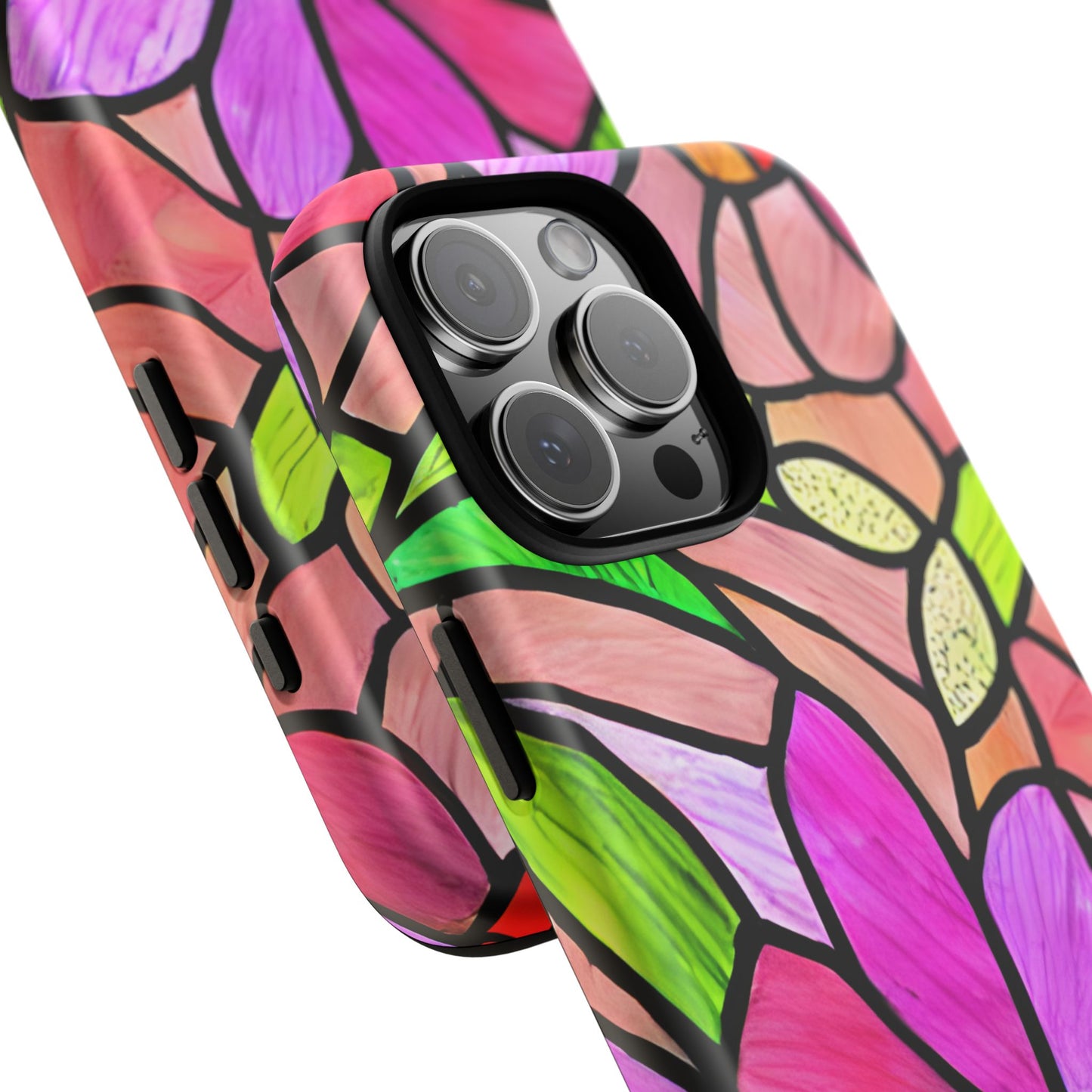Stained Glass Floral Tough Phone Case - compatible with iPhone 15 14 13 12 11 X, Samsung Galaxy, Google Pixel- Artistic Flower Pattern Cover