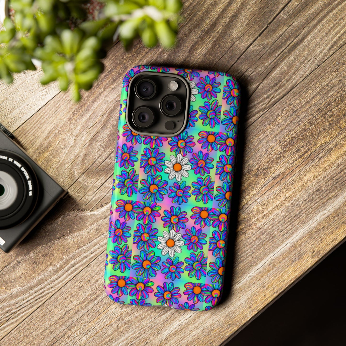 Trippy Daisy Tough Phone Case - Psychedelic Floral Aesthetic, Colorful Groovy Design, Compatible with iPhone, Galaxy, and Google Phones