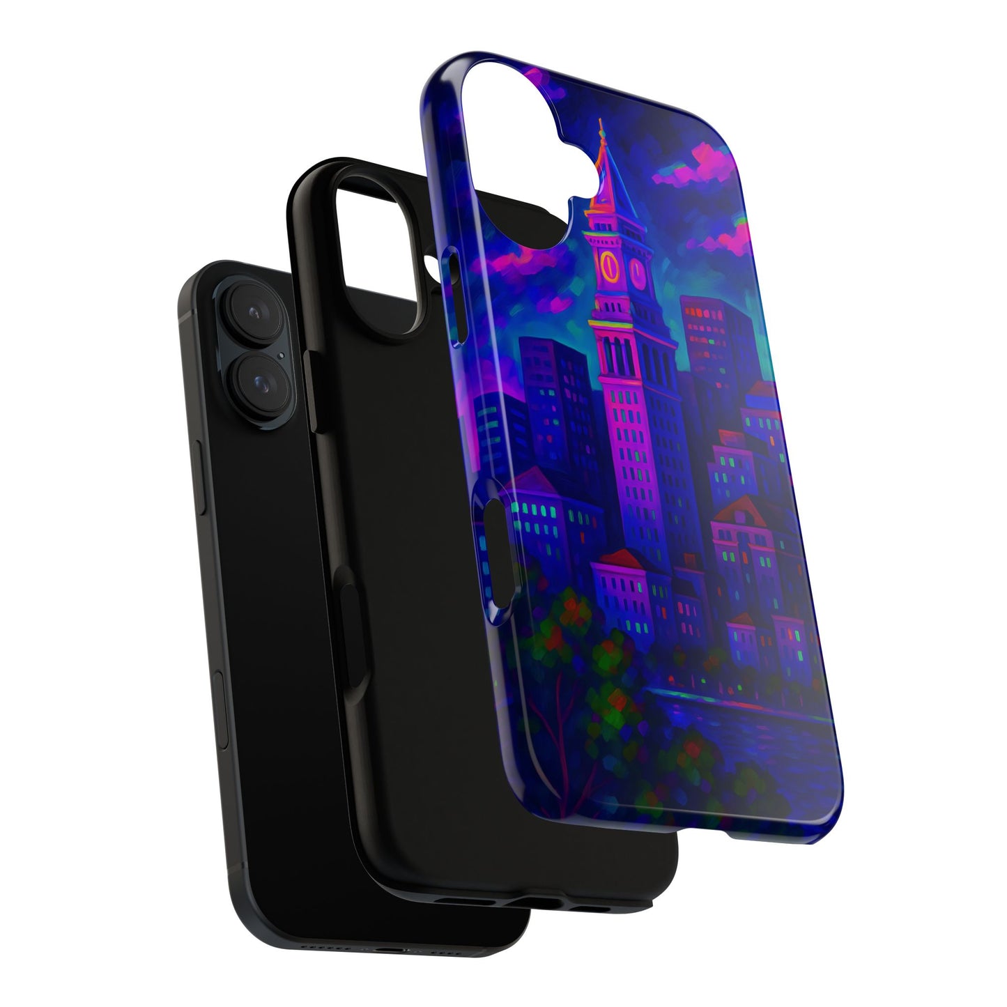 Boston Cityscape Tough Phone Case, Neon Night Skyline, Sunset Tower View Watercolor Urban Art, Compatible with iPhone, Galaxy, Google Phones