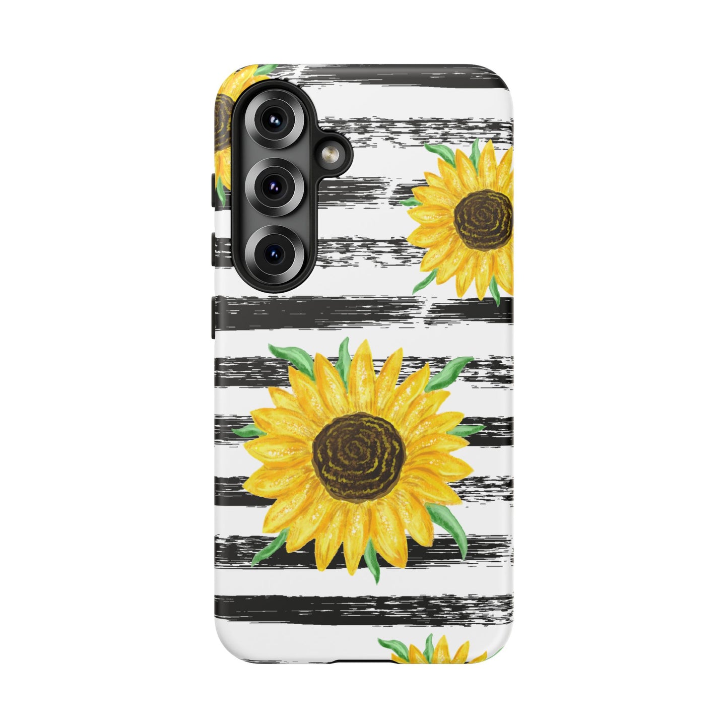 Sunflower Tough Phone Case - Bright Yellow Floral Art, Black and White Striped Aesthetic, Compatible with iPhone, Galaxy, and Google Phones