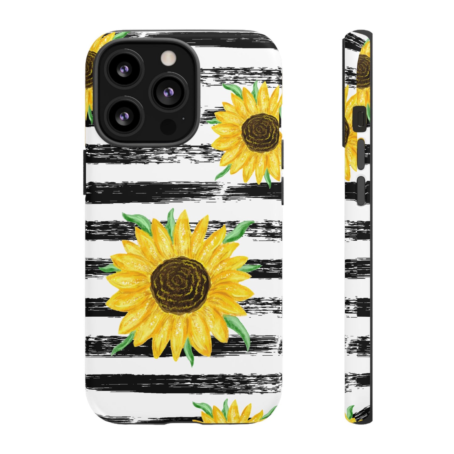 Sunflower Tough Phone Case - Bright Yellow Floral Art, Black and White Striped Aesthetic, Compatible with iPhone, Galaxy, and Google Phones