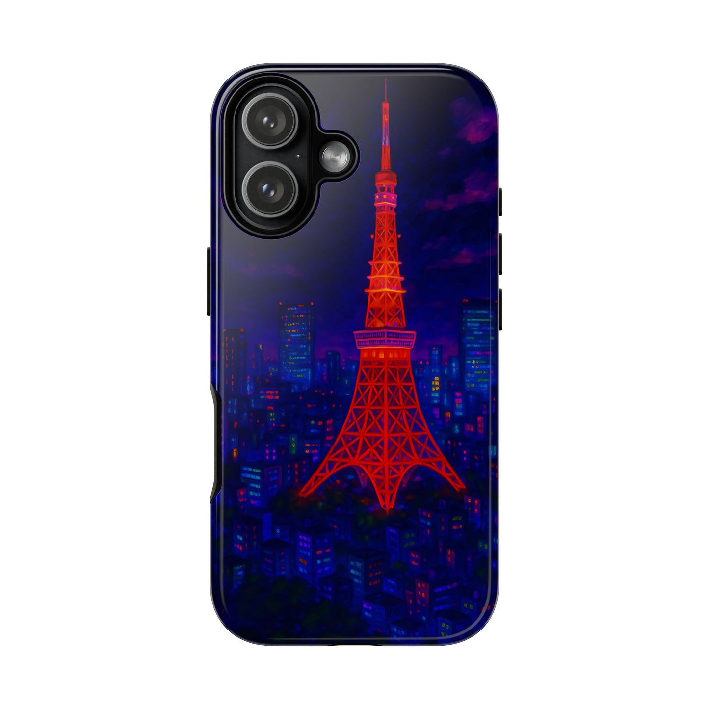 Cityscape Tough Phone Case, Tokyo Skyline Phone Cover, Neon Night Design Compatible with iPhone, Galaxy & Google