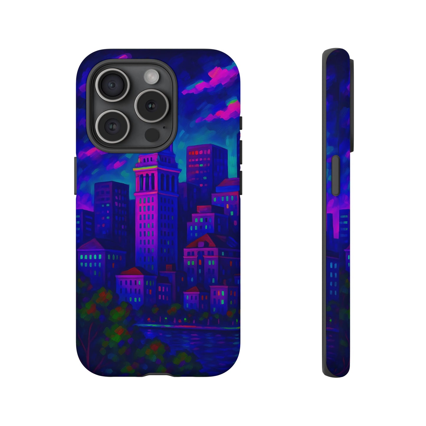 Boston Cityscape Tough Phone Case, Neon Night Skyline, Sunset Tower View Watercolor Urban Art, Compatible with iPhone, Galaxy, Google Phones