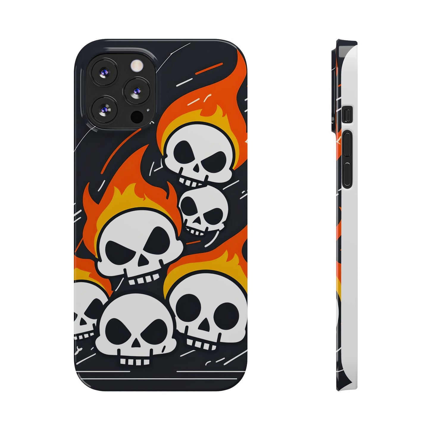 Flaming Skulls Slim Phone Case, Y2K Alt Halloween Aesthetic, Creepy Cute Cartoon Style, Stylish Music Lovers, Perfect Gift for Halloween