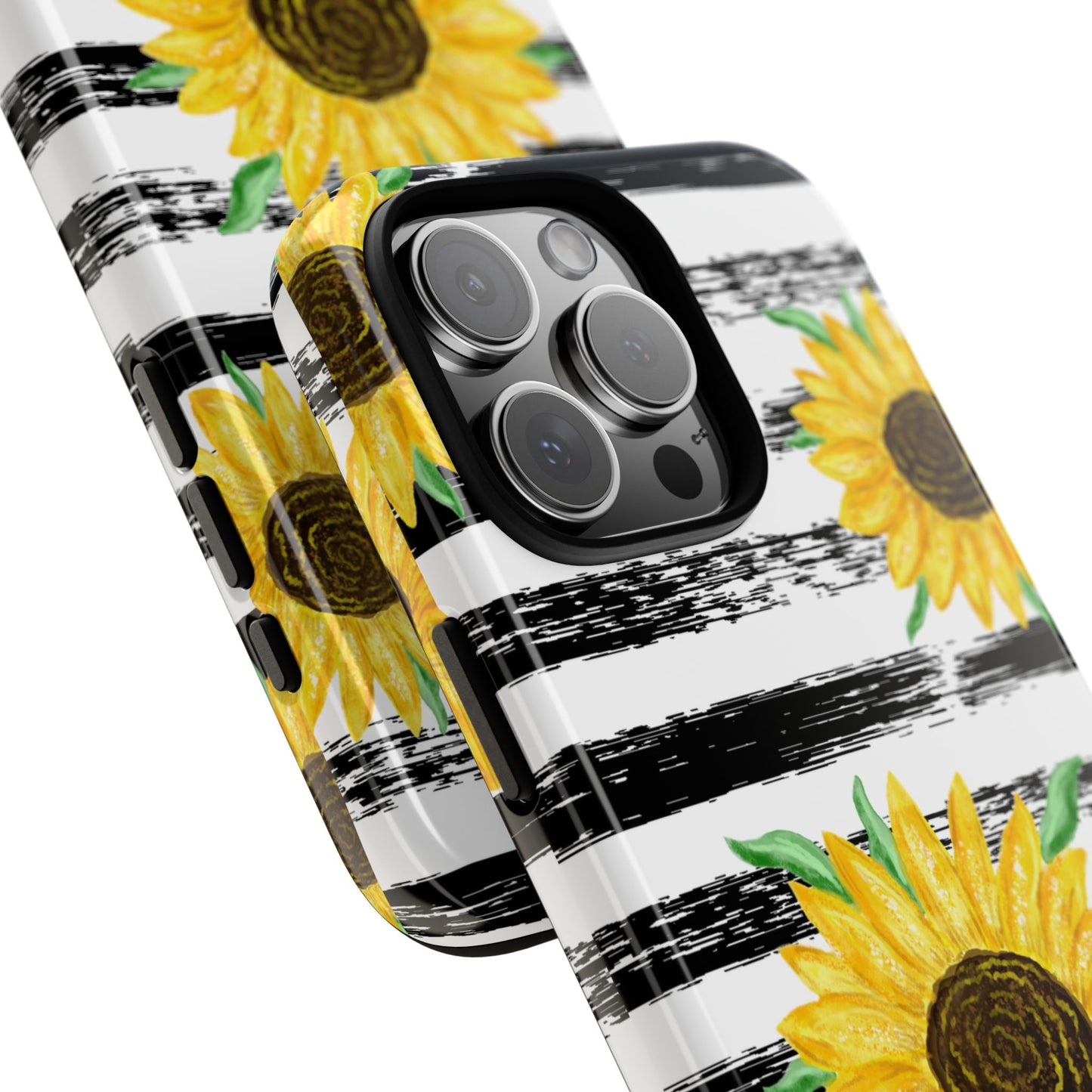 Sunflower Tough Phone Case - Bright Yellow Floral Art, Black and White Striped Aesthetic, Compatible with iPhone, Galaxy, and Google Phones