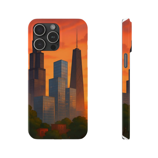 Chicago Cityscape Slim Phone Case, Neon Night Skyline, Sunset Urban Glow, City Aesthetic Art, Compatible with iPhone, Galaxy, Google Phones