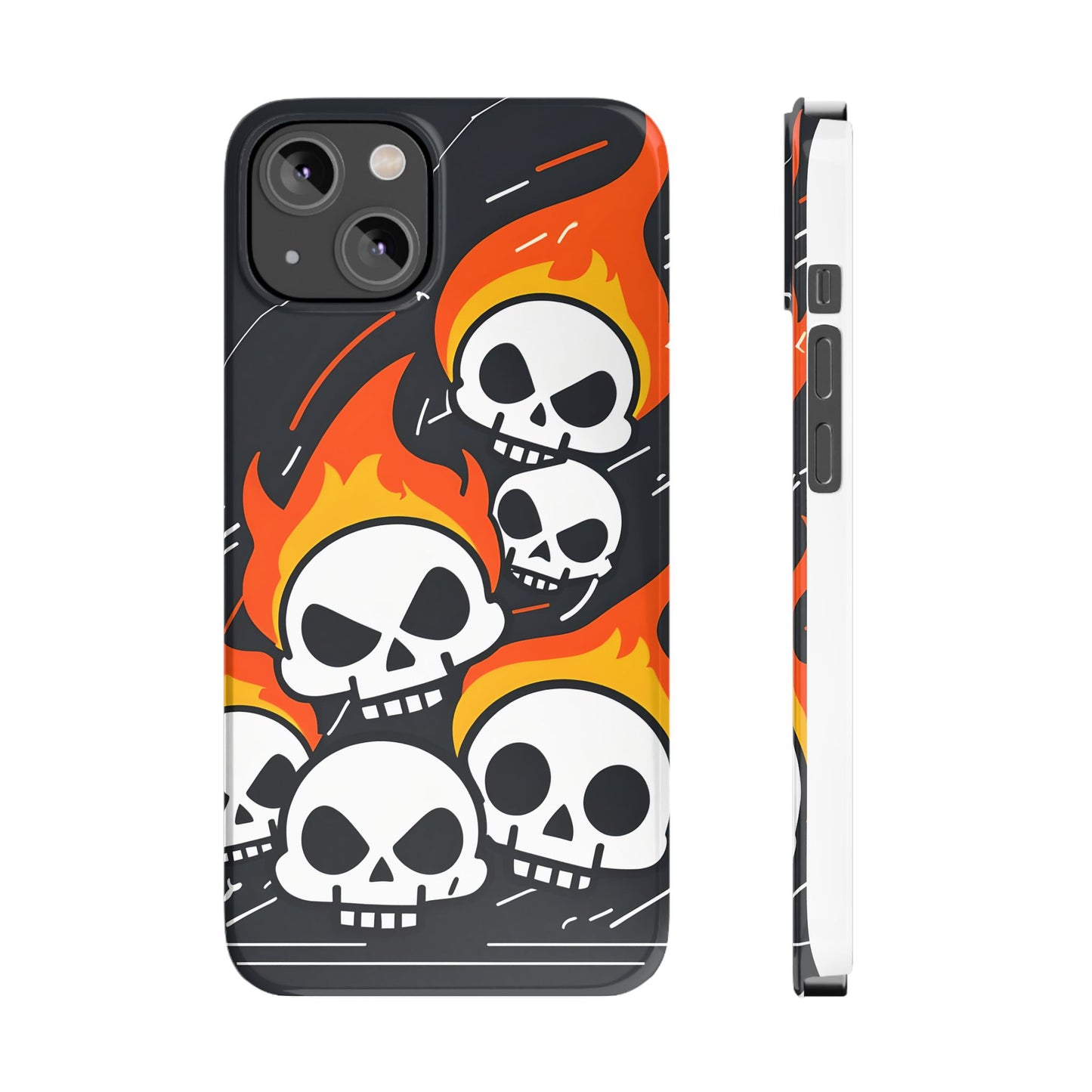 Flaming Skulls Slim Phone Case, Y2K Alt Halloween Aesthetic, Creepy Cute Cartoon Style, Stylish Music Lovers, Perfect Gift for Halloween