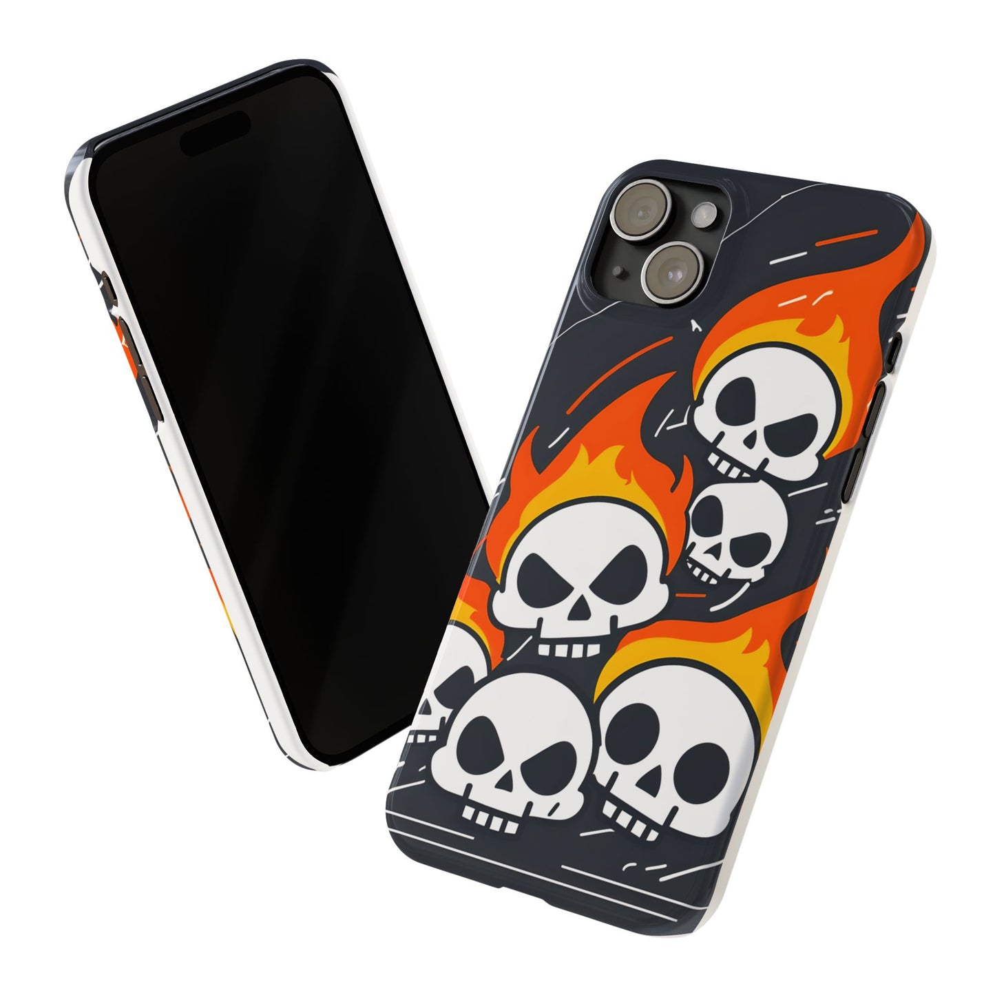 Flaming Skulls Slim Phone Case, Y2K Alt Halloween Aesthetic, Creepy Cute Cartoon Style, Stylish Music Lovers, Perfect Gift for Halloween