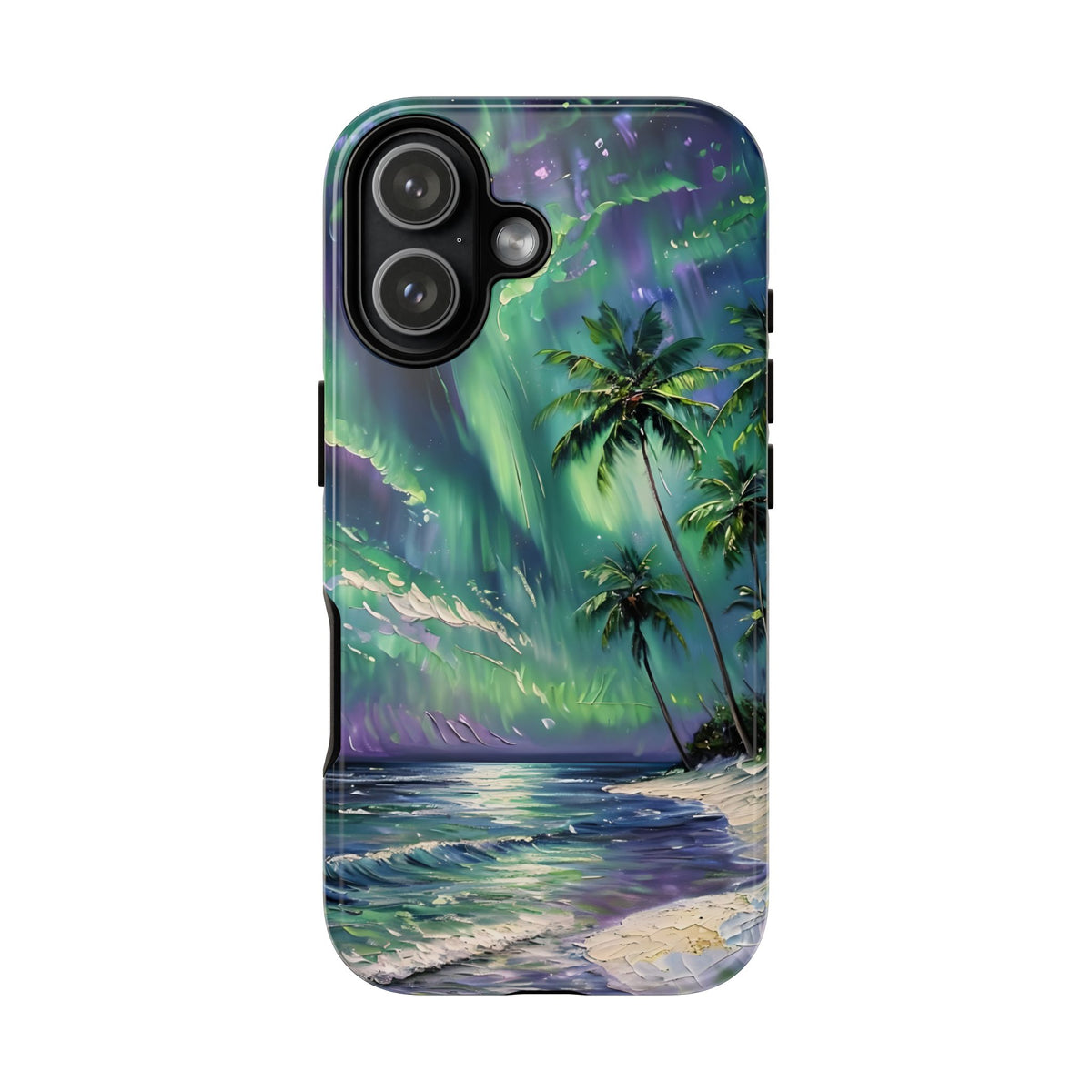 Tropical Beach Scenery Tough Phone Case, Oil Painting, Northern Lights Compatible with iPhone 17, 16, 15, 14, 13, Galaxy, Google