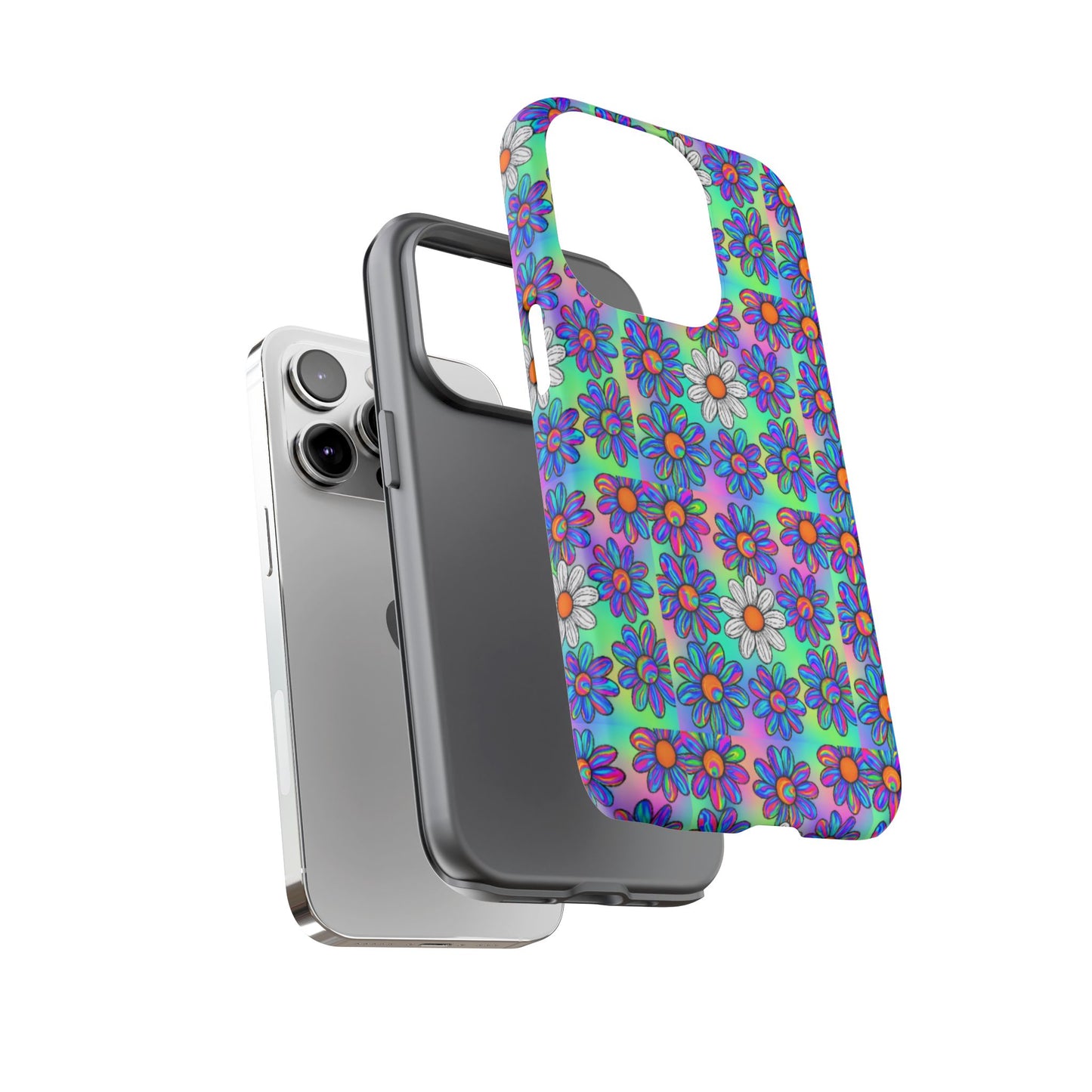 Trippy Daisy Tough Phone Case - Psychedelic Floral Aesthetic, Colorful Groovy Design, Compatible with iPhone, Galaxy, and Google Phones