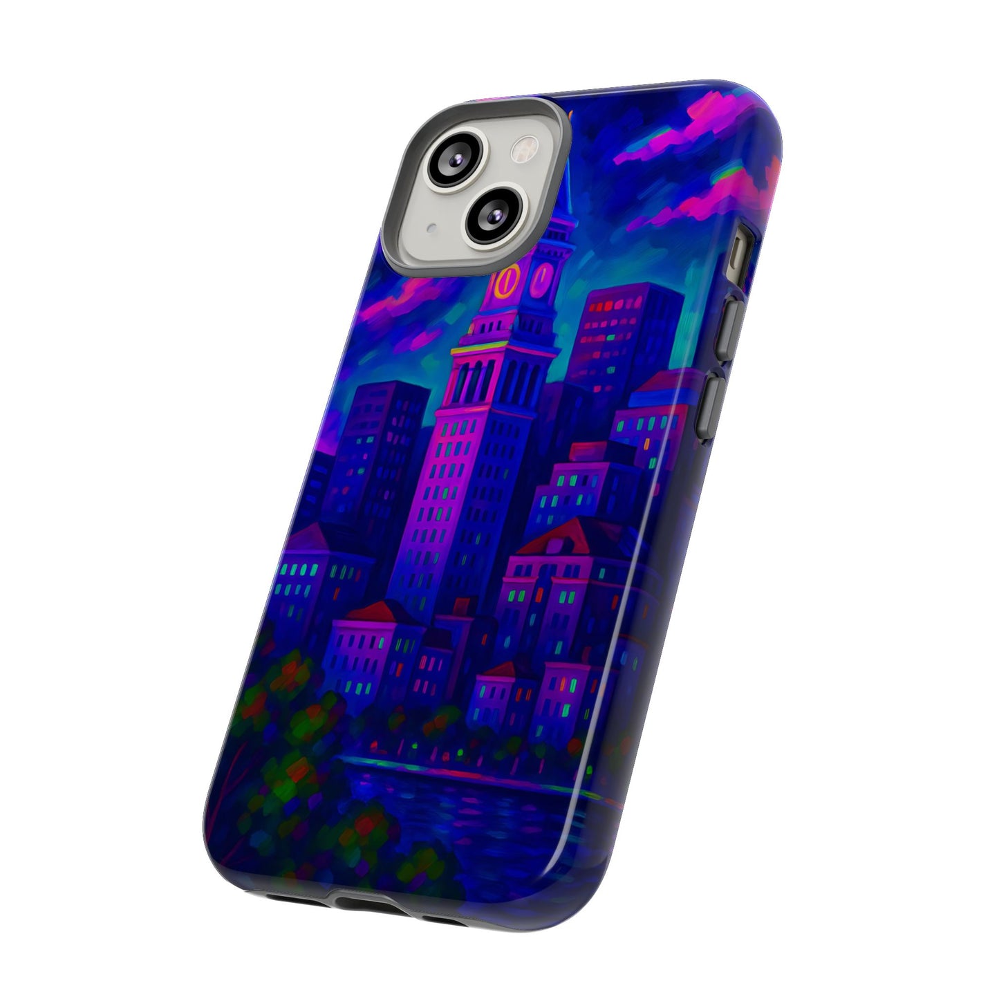 Boston Cityscape Tough Phone Case, Neon Night Skyline, Sunset Tower View Watercolor Urban Art, Compatible with iPhone, Galaxy, Google Phones