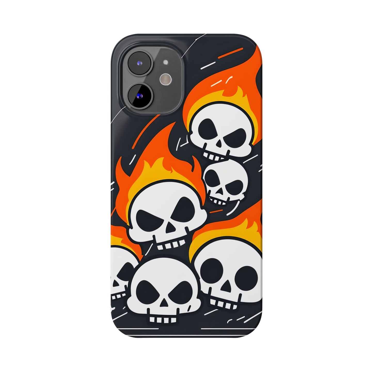 Flaming Skulls Slim Phone Case, Y2K Alt Halloween Aesthetic, Creepy Cute Cartoon Style, Stylish Music Lovers, Perfect Gift for Halloween