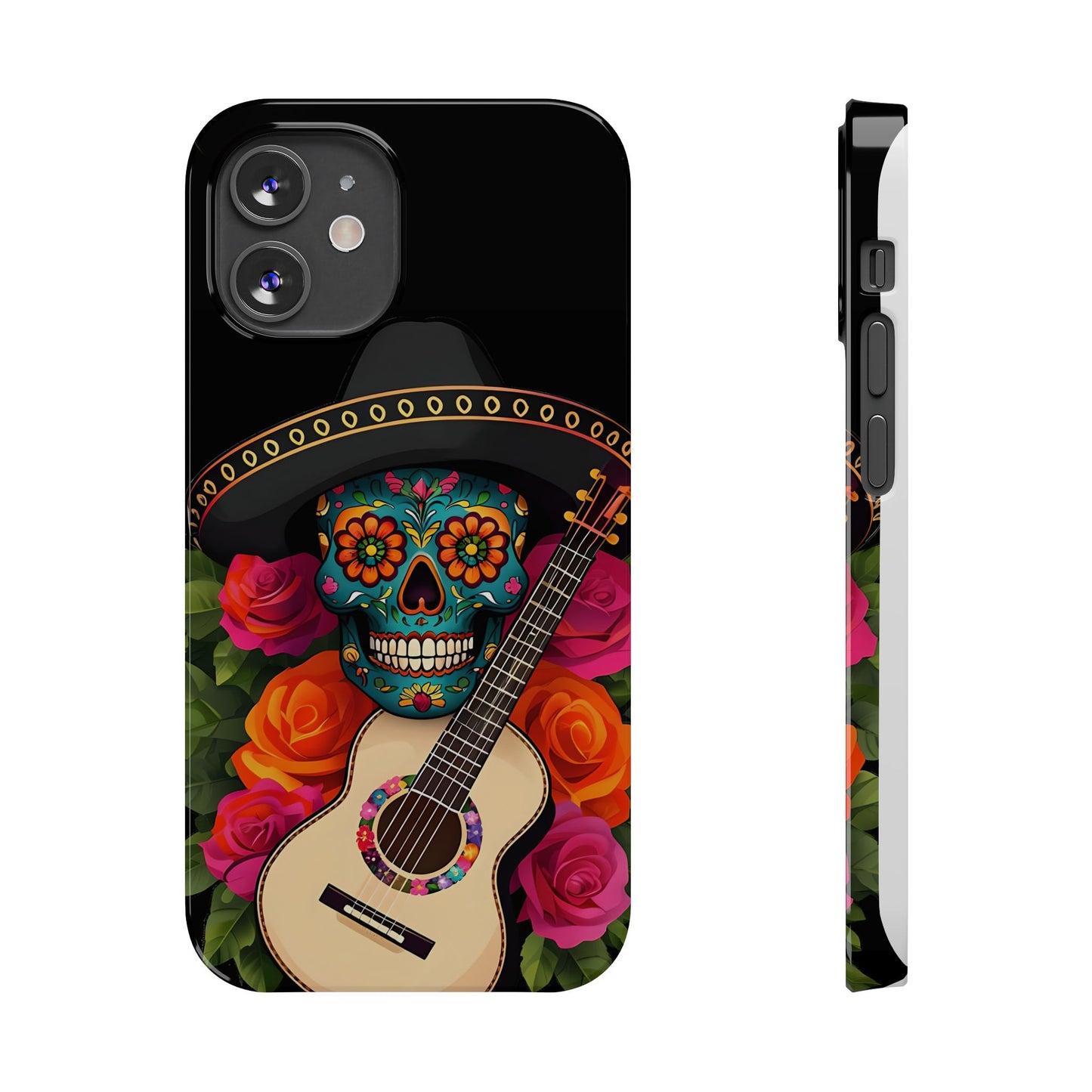 Mariachi Skull Slim Phone Case, Colorful Folk Aesthetic, Halloween Floral Skull Design, Gift for Mexican Culture Lovers