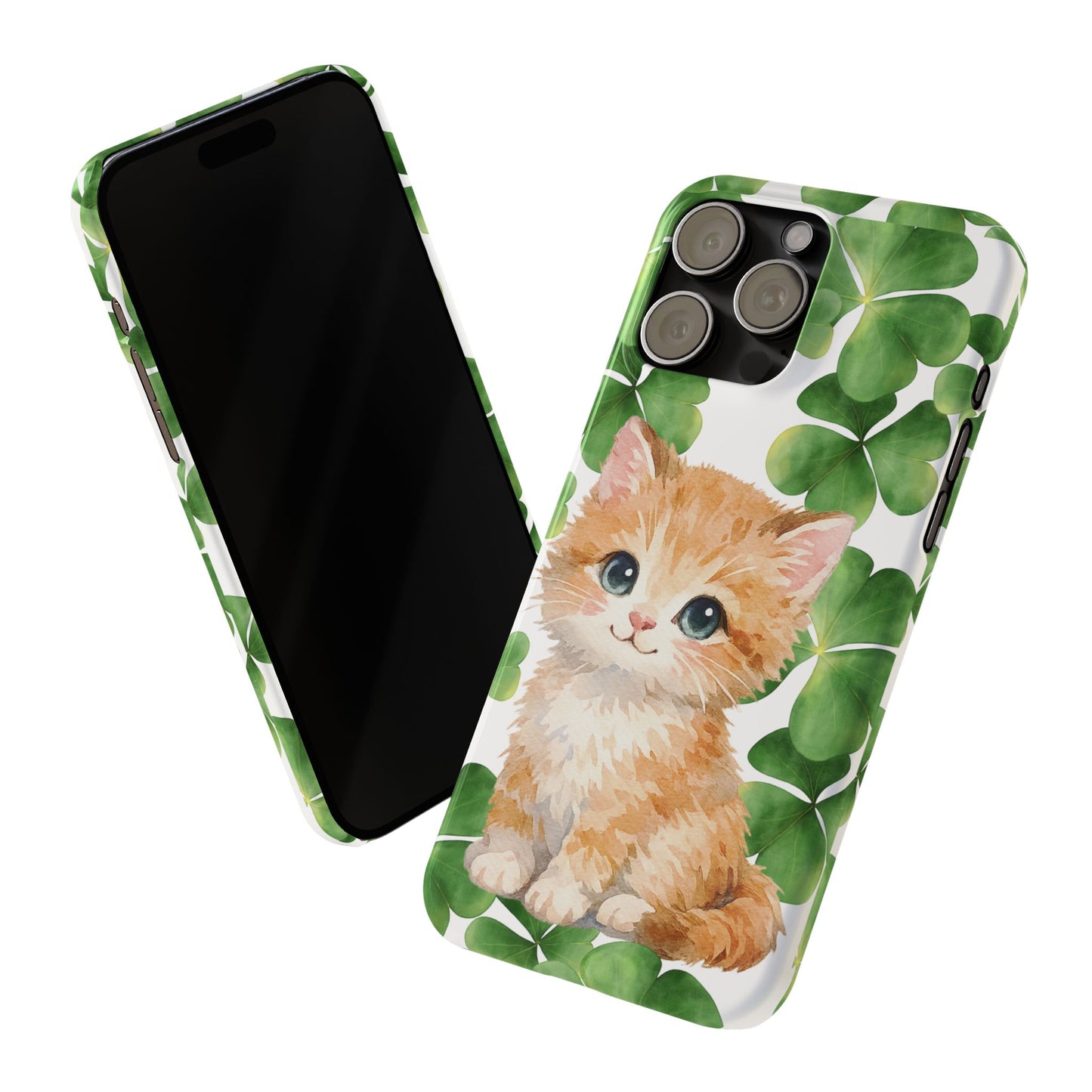 Ginger Kitten Slim Phone Case, St Patricks Day Cat Art with Shamrocks, Irish Cat Gift Compatible with iPhone 17, 16, 15, 14, 13, 12, 11