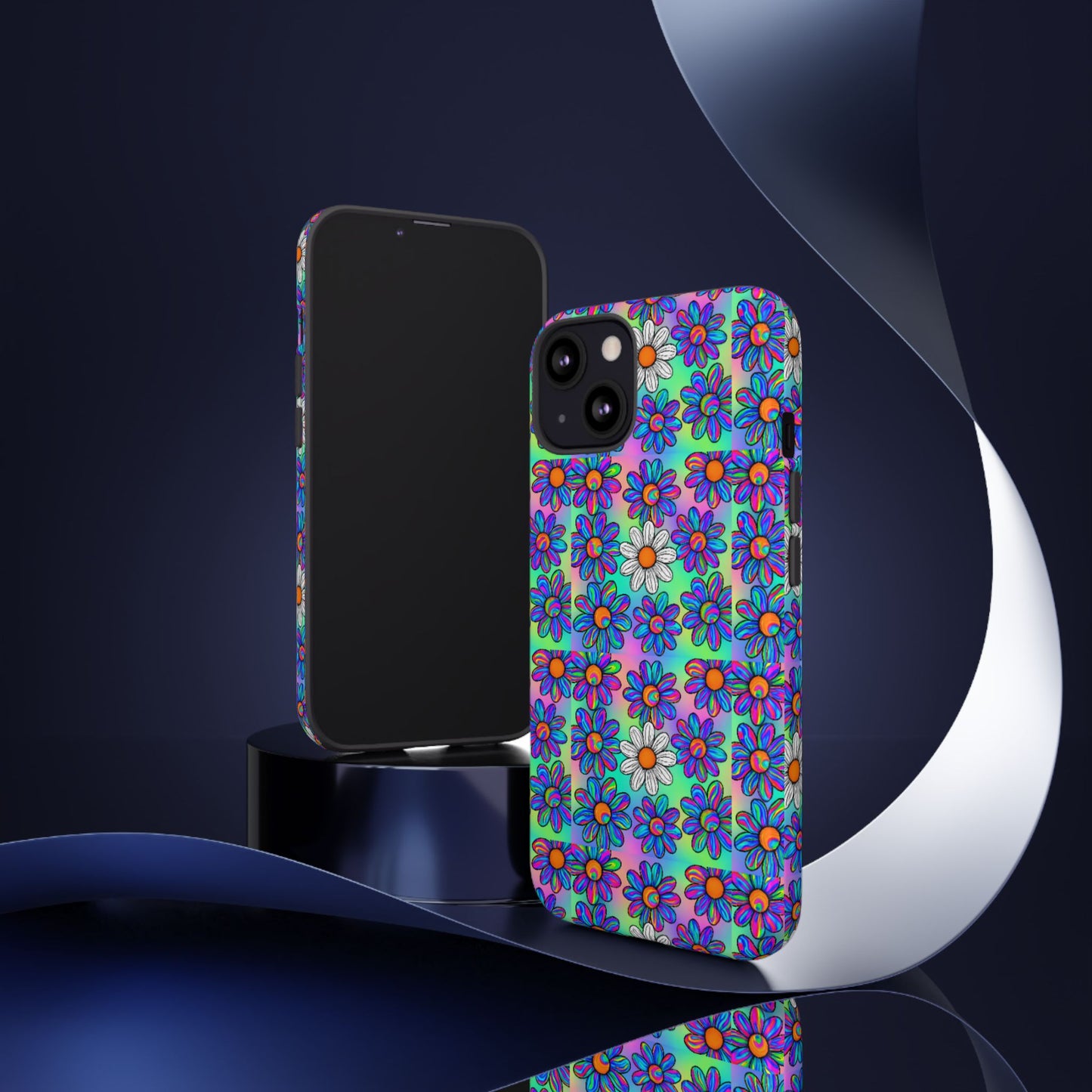 Trippy Daisy Tough Phone Case - Psychedelic Floral Aesthetic, Colorful Groovy Design, Compatible with iPhone, Galaxy, and Google Phones