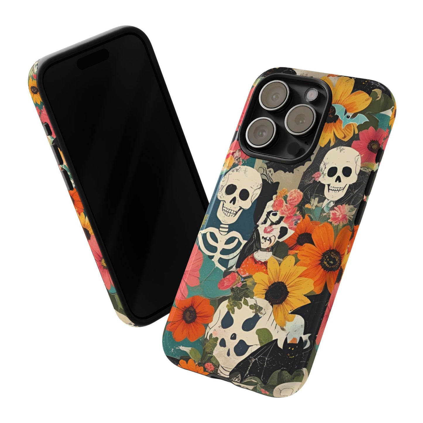 Summerween Skull Phone Case, Halloween Floral Skeleton Phone Cover - Pumpkin Goth Aesthetic Case, Spooky Fall Accessory, Floral Horror Gift