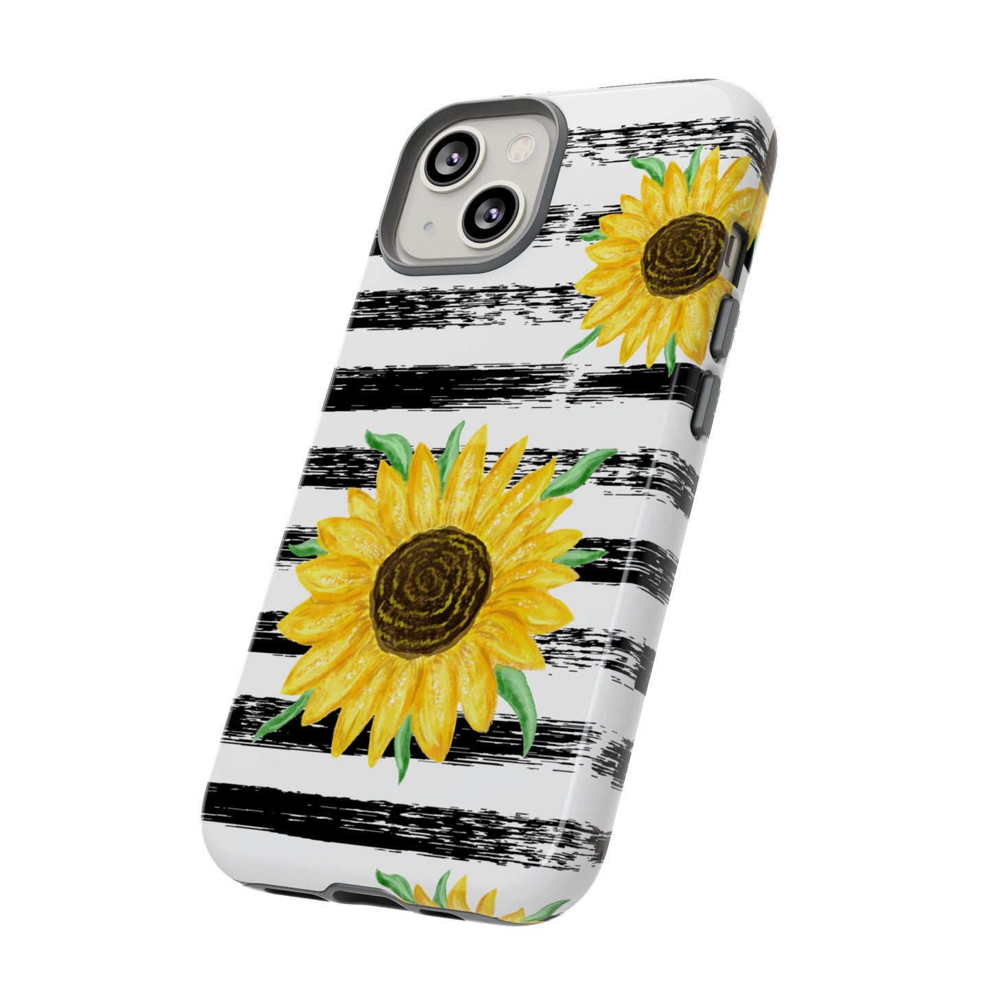 Sunflower Tough Phone Case - Bright Yellow Floral Art, Black and White Striped Aesthetic, Compatible with iPhone, Galaxy, and Google Phones