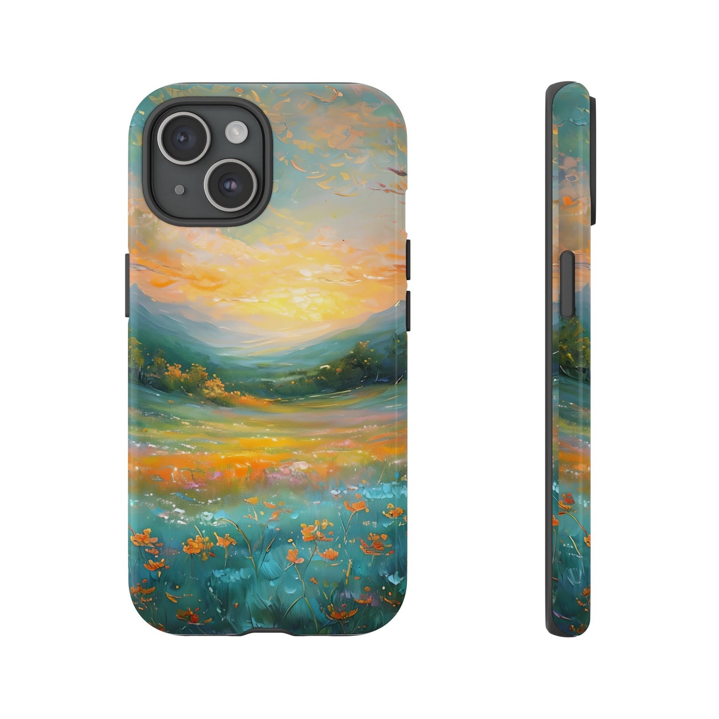 Wildflower Meadow Scenery Tough Phone Case, Oil Painting, Mountain Sunrise Compatible with iPhone 17, 16, 15, 14, 13, Galaxy, Google