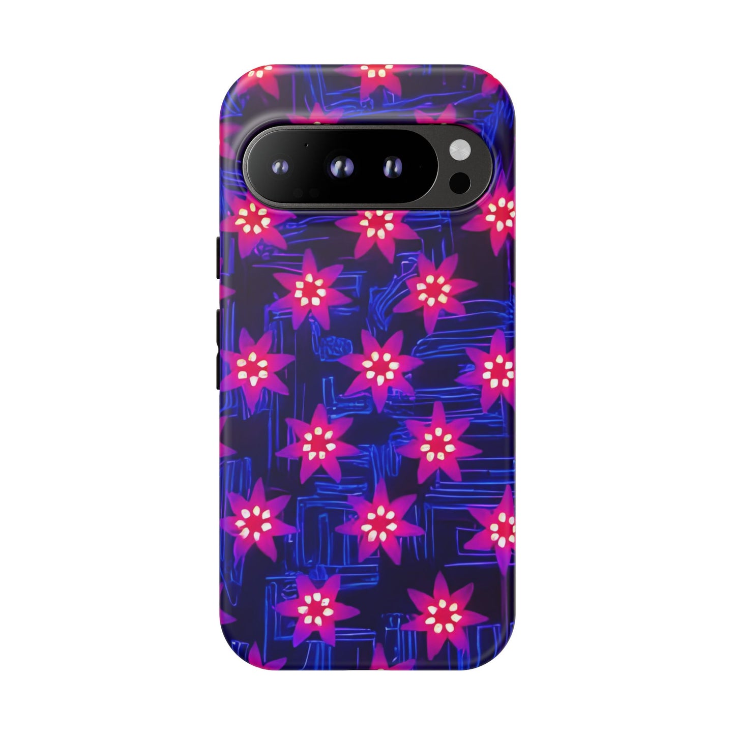 Neon Flower Tough Phone Case - Trippy Dark Floral Art, Electric Glow Aesthetic, Compatible with iPhone, Galaxy, and Google Phones