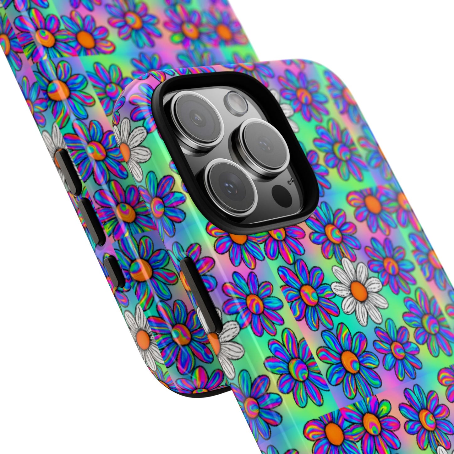 Trippy Daisy Tough Phone Case - Psychedelic Floral Aesthetic, Colorful Groovy Design, Compatible with iPhone, Galaxy, and Google Phones