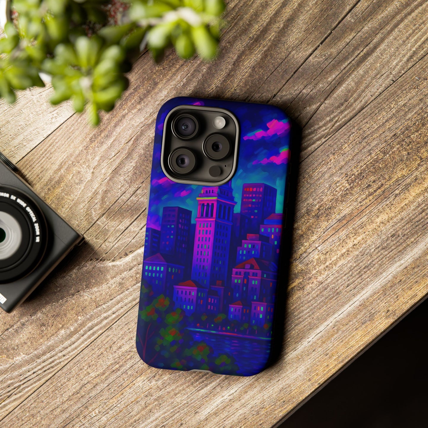 Boston Cityscape Tough Phone Case, Neon Night Skyline, Sunset Tower View Watercolor Urban Art, Compatible with iPhone, Galaxy, Google Phones