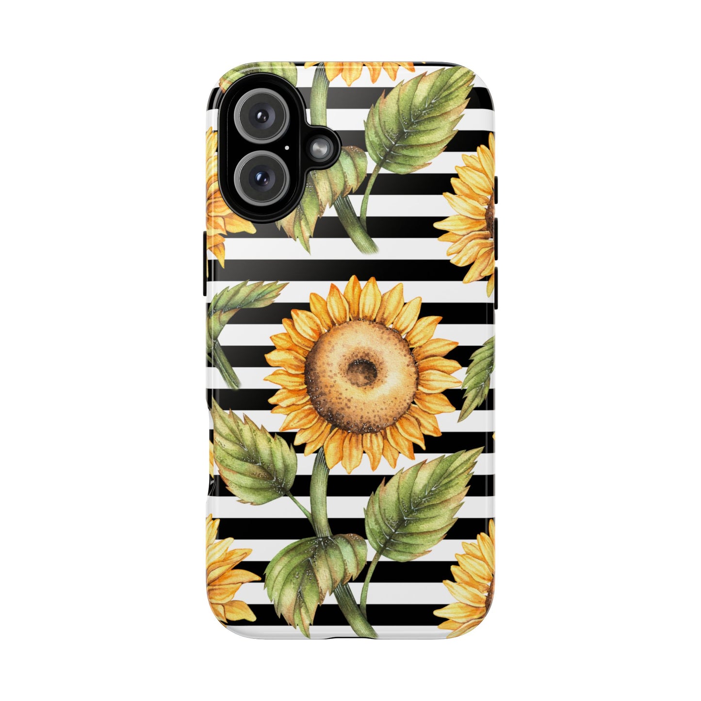 Sunflower Tough Phone Case - Bold Yellow Floral Art, Black and White Striped Aesthetic, Compatible with iPhone, Galaxy, and Google Phones