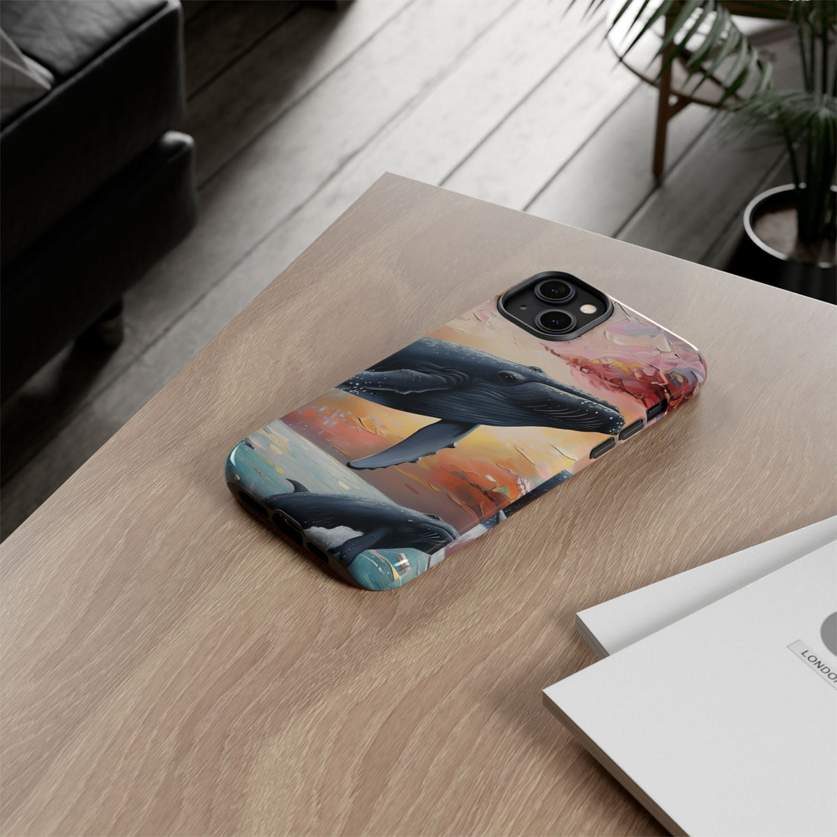 Whale Ocean Scenery Tough Phone Case, Oil Painting, Sunset Sea Life Compatible with iPhone 17, 16, 15, 14, 13, Galaxy, Google