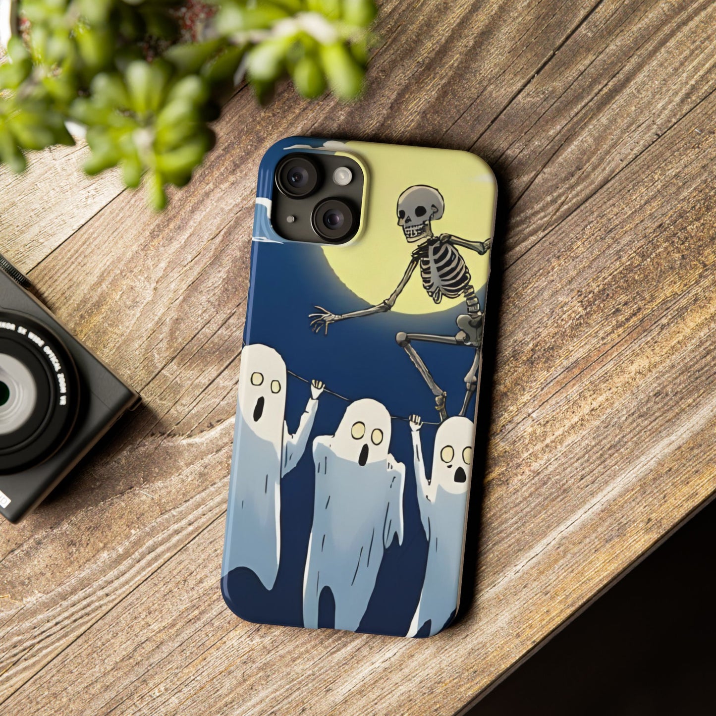 Jumping Skeleton Slim Phone Case - Halloween Aesthetic, Creepy Cute Ghost Cartoon Style, Compatible with iPhone, Galaxy, and Google Phones