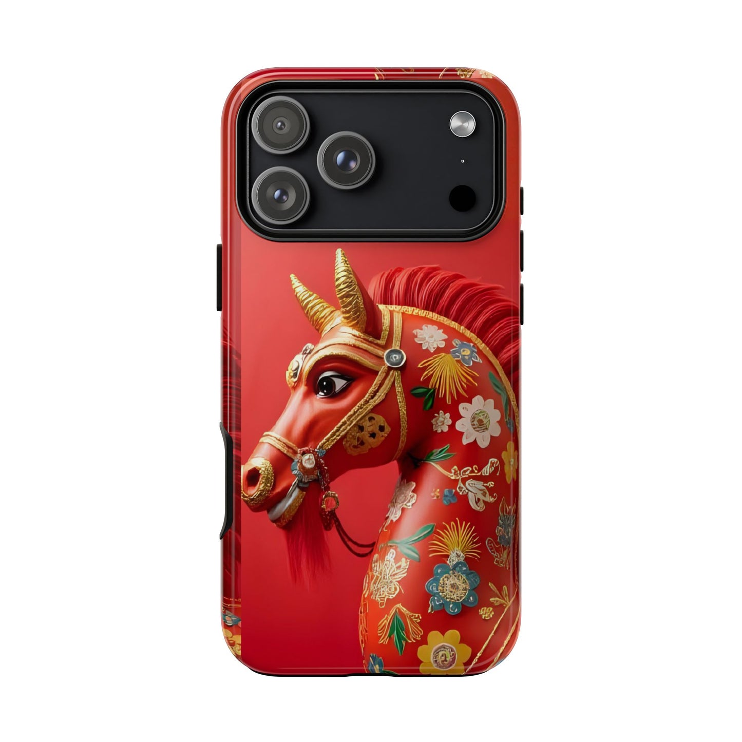 Year of the Horse Floral Art Tough Phone Case, Chinese Zodiac 2026 Design, compatible with iPhone 17 16 15 14 13 Galaxy Google