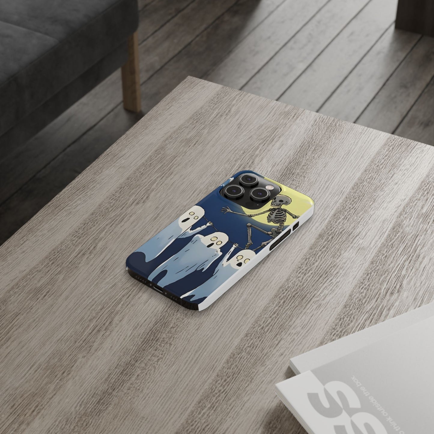 Jumping Skeleton Slim Phone Case - Halloween Aesthetic, Creepy Cute Ghost Cartoon Style, Compatible with iPhone, Galaxy, and Google Phones