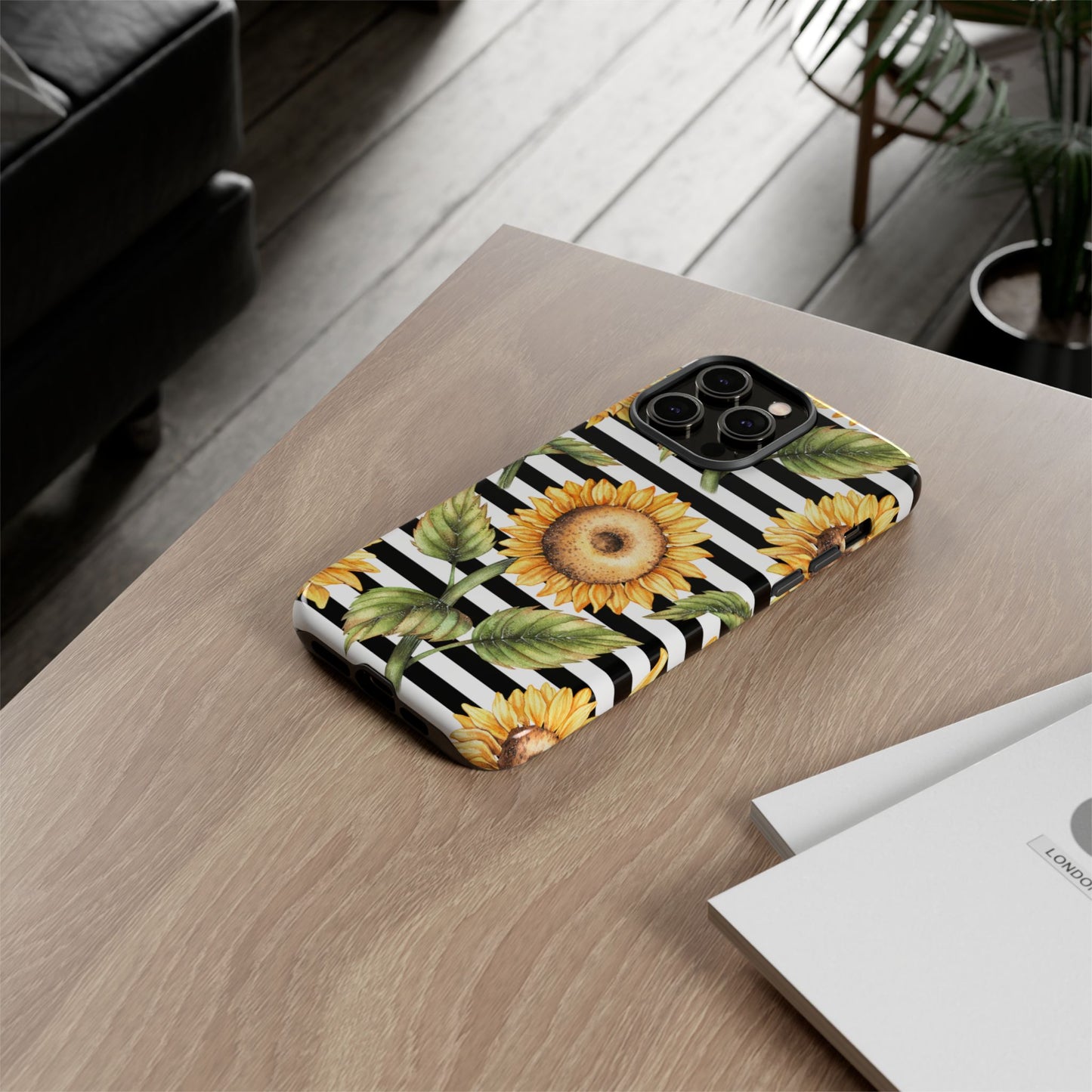 Sunflower Tough Phone Case - Bold Yellow Floral Art, Black and White Striped Aesthetic, Compatible with iPhone, Galaxy, and Google Phones
