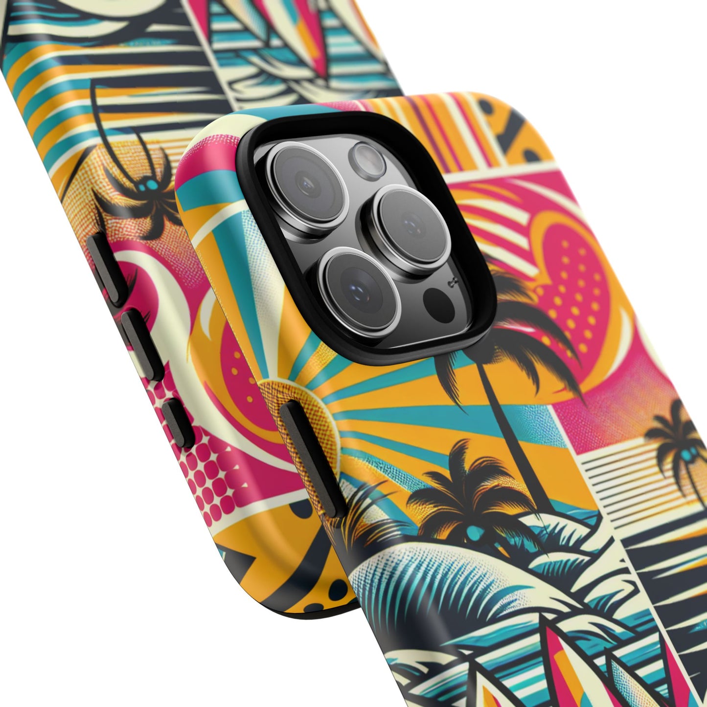 Surf Pop Phone Case - Colorful Retro Beach Vibe with Palm Trees and Surfboard compatible with iPhone, Samsung Galaxy and Pixel Summer Cover