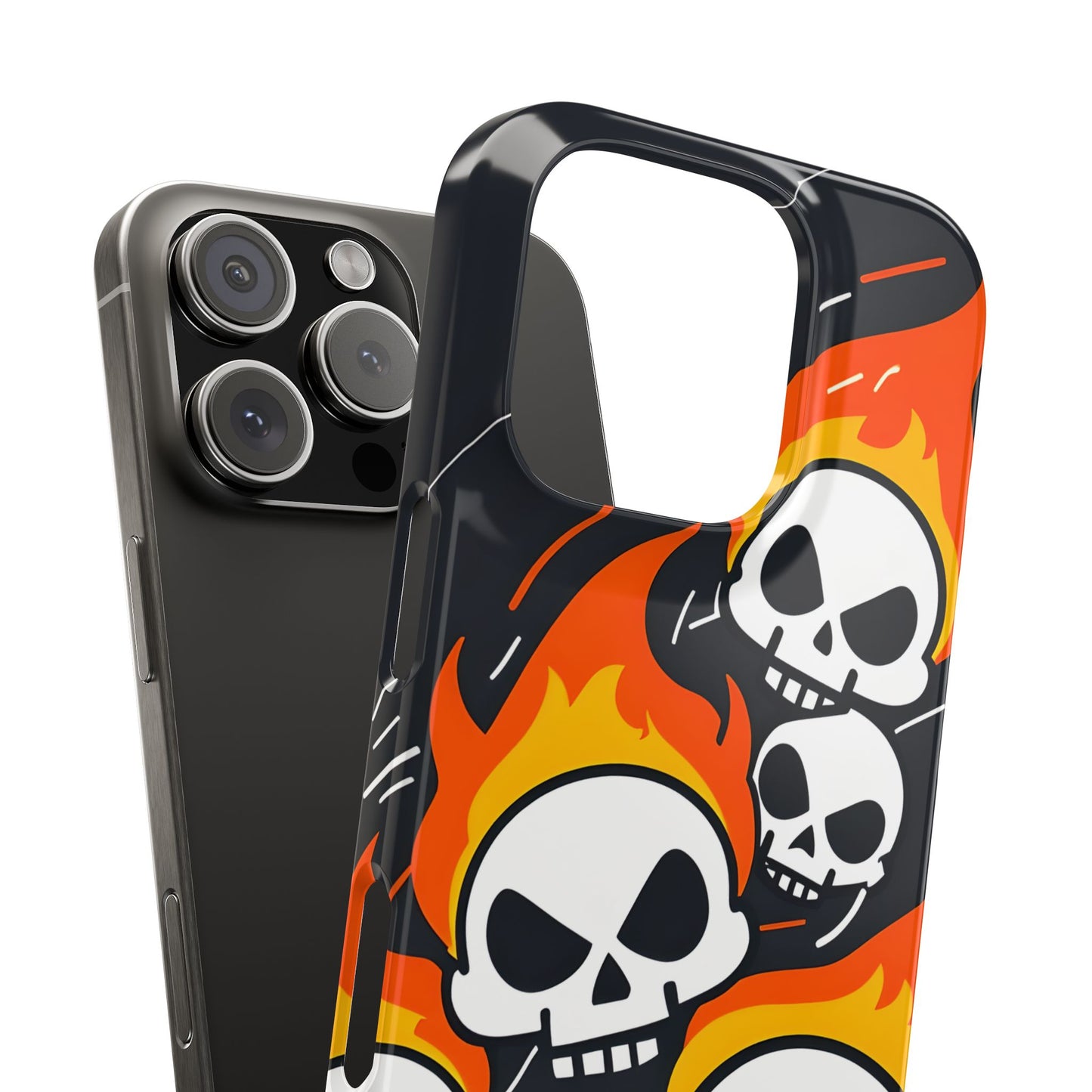 Flaming Skulls Slim Phone Case, Y2K Alt Halloween Aesthetic, Creepy Cute Cartoon Style, Stylish Music Lovers, Perfect Gift for Halloween