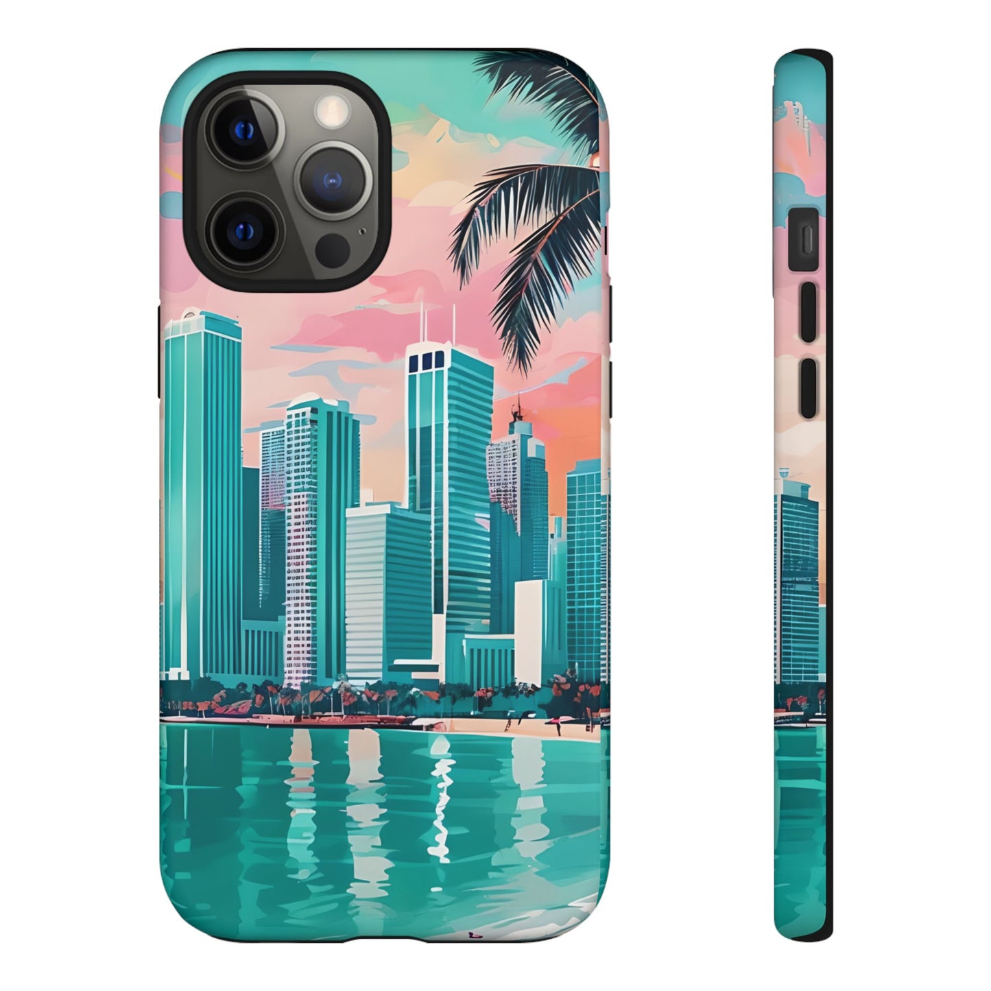 Miami Cityscape Phone Case - Tropical Skyline Tough Case, Sunset Beach Urban Art, Gift for Travelers Compatible with iPhone, Galaxy, Google