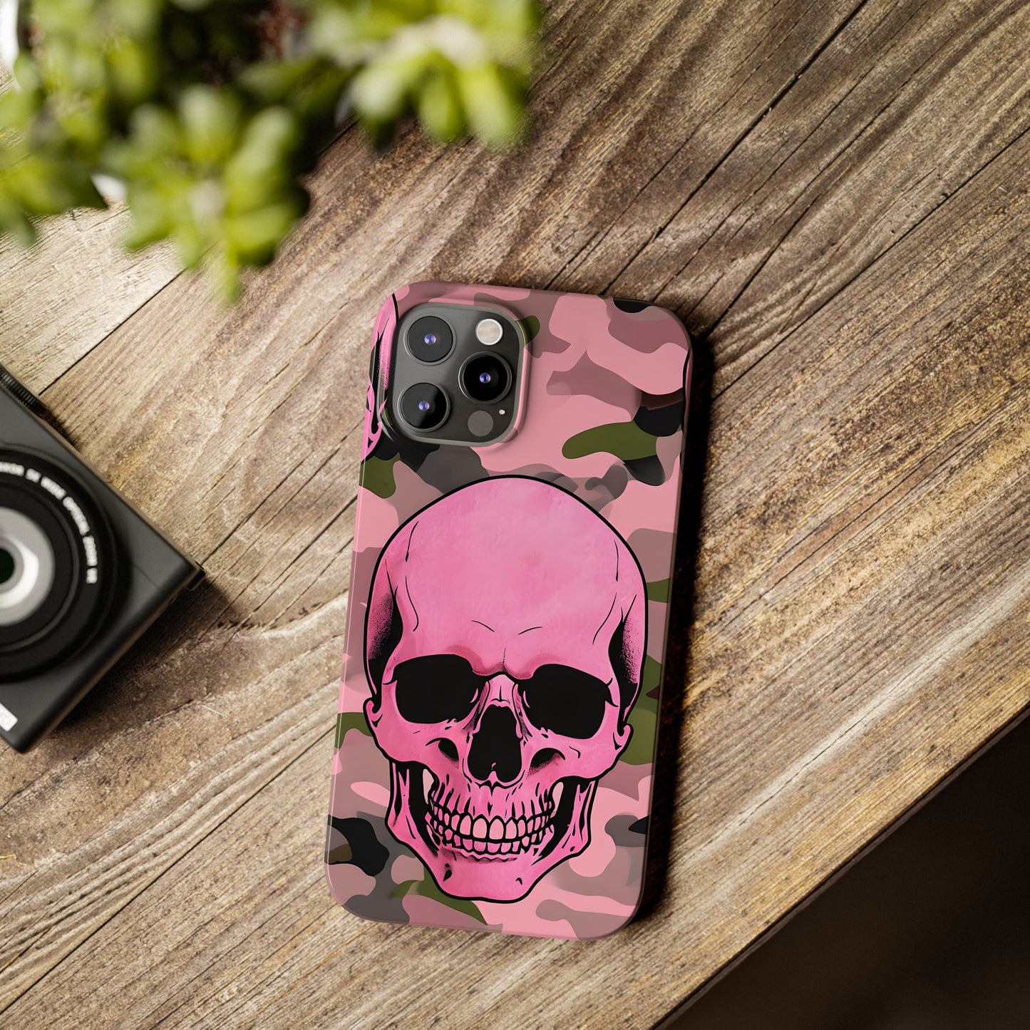 Pink Camo Skull Phone Case, Slim Case for iPhone, Edgy Phone Accessory, Unique Gift for Her, Trendy Tech Lover