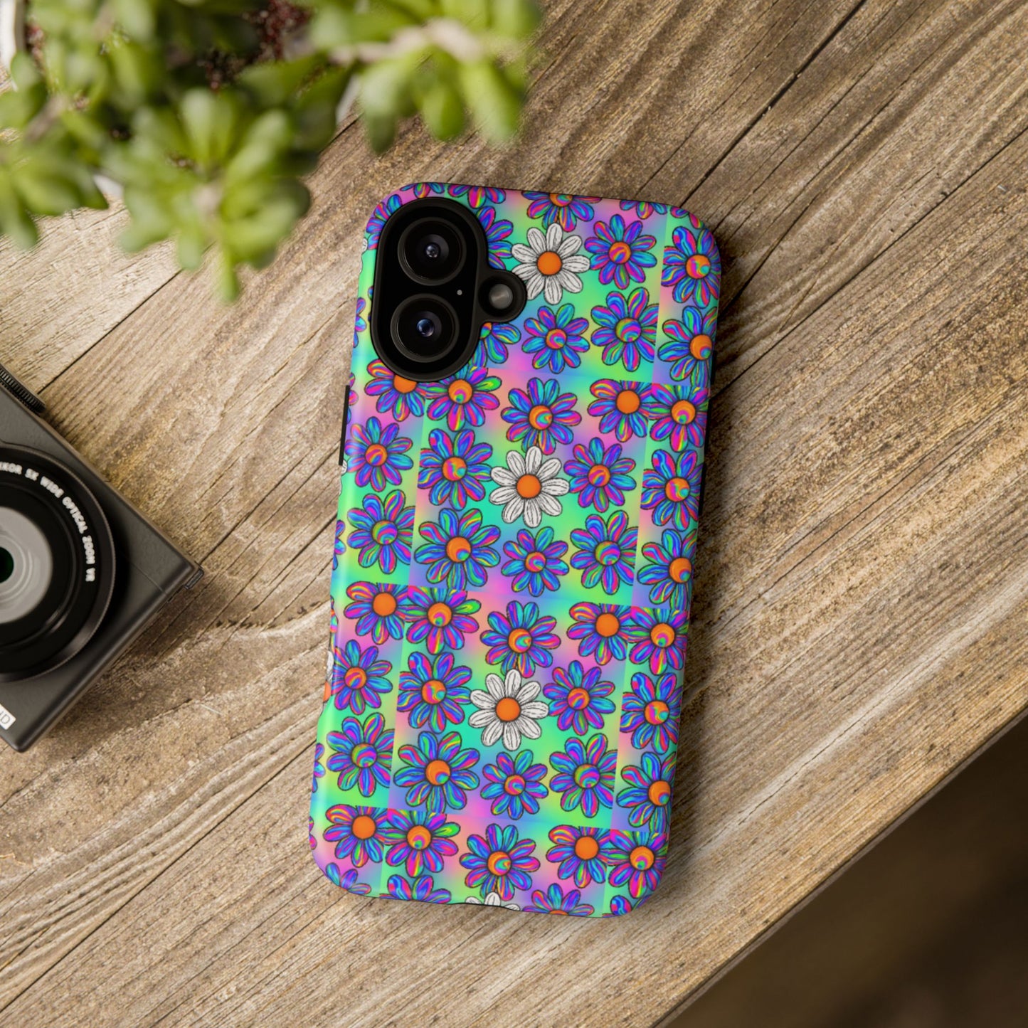 Trippy Daisy Tough Phone Case - Psychedelic Floral Aesthetic, Colorful Groovy Design, Compatible with iPhone, Galaxy, and Google Phones