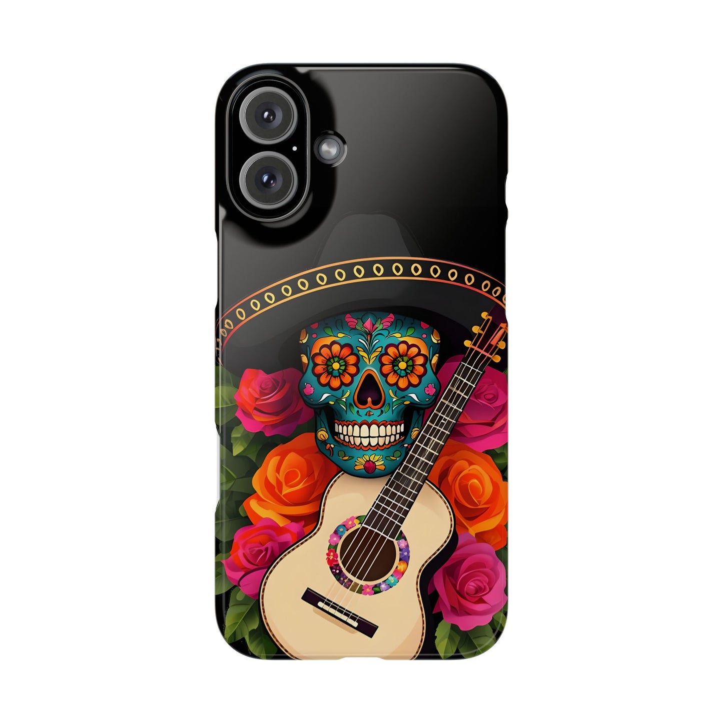 Mariachi Skull Slim Phone Case, Colorful Folk Aesthetic, Halloween Floral Skull Design, Gift for Mexican Culture Lovers