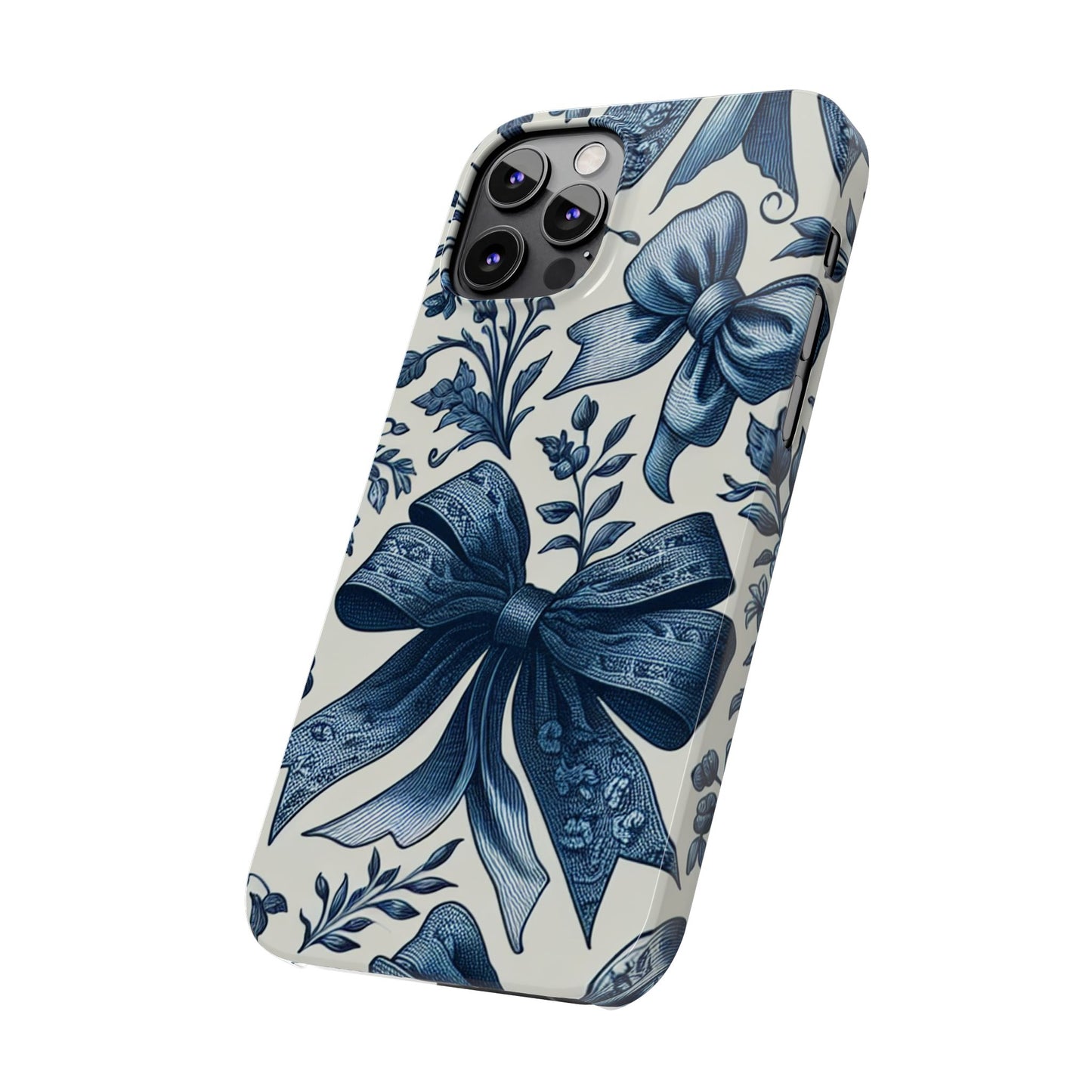 Elegant Floral Bow Slim Phone Case, Blue Flower Phone Cover, Gift for Her, Stylish Tech Accessory, Wedding Gift, Floral Design