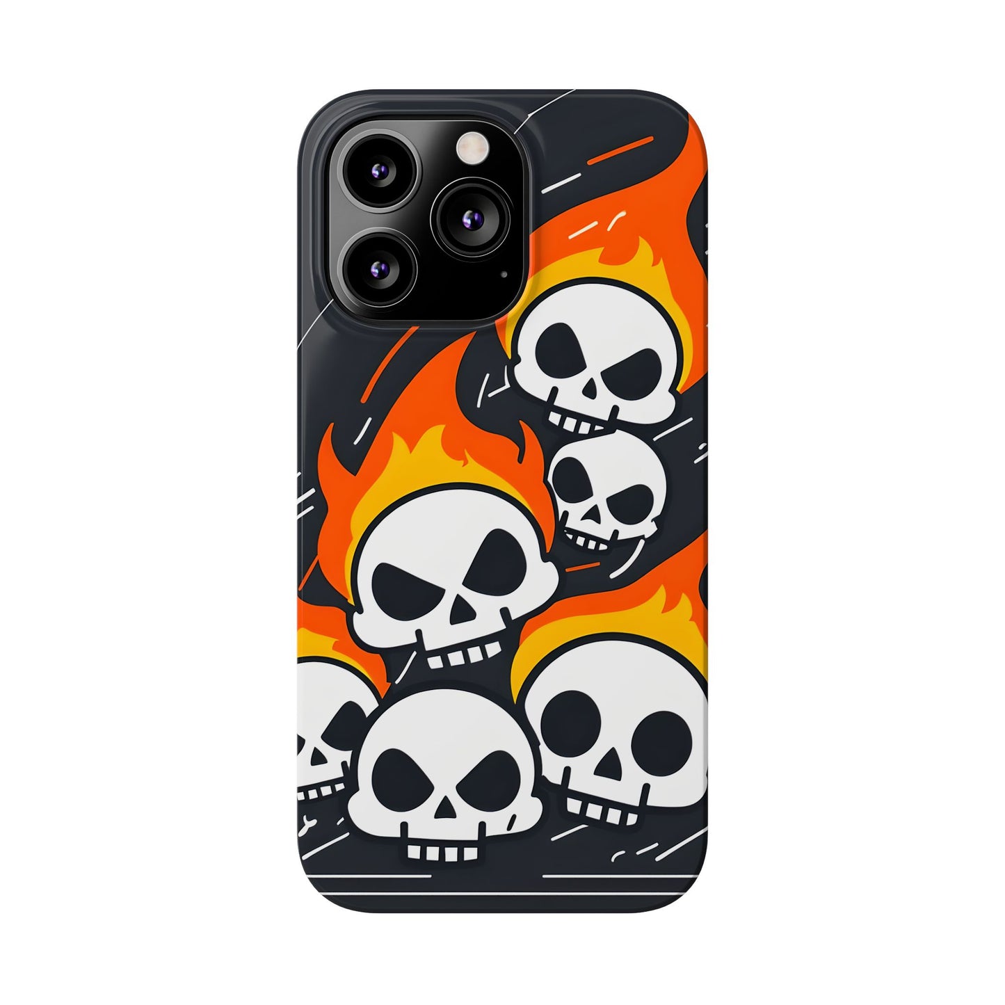 Flaming Skulls Slim Phone Case, Y2K Alt Halloween Aesthetic, Creepy Cute Cartoon Style, Stylish Music Lovers, Perfect Gift for Halloween