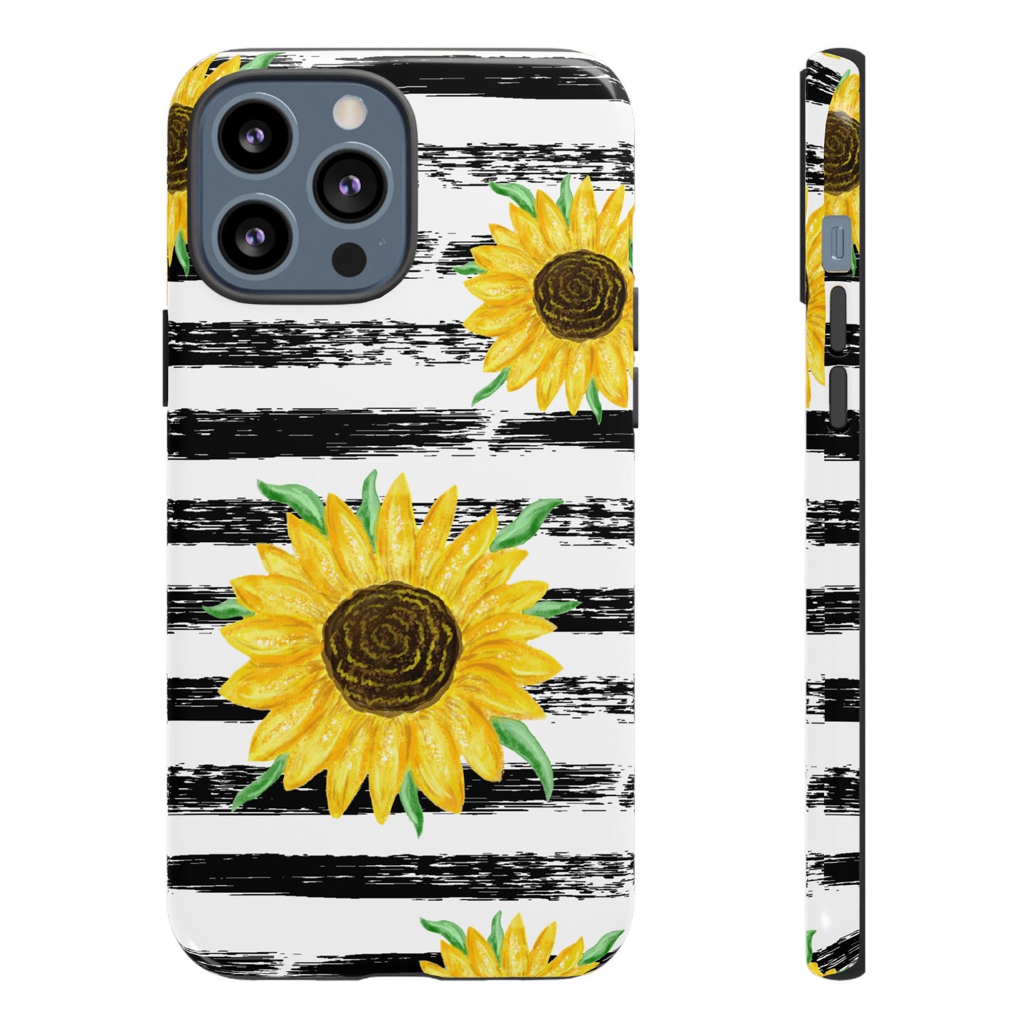 Sunflower Tough Phone Case - Bright Yellow Floral Art, Black and White Striped Aesthetic, Compatible with iPhone, Galaxy, and Google Phones