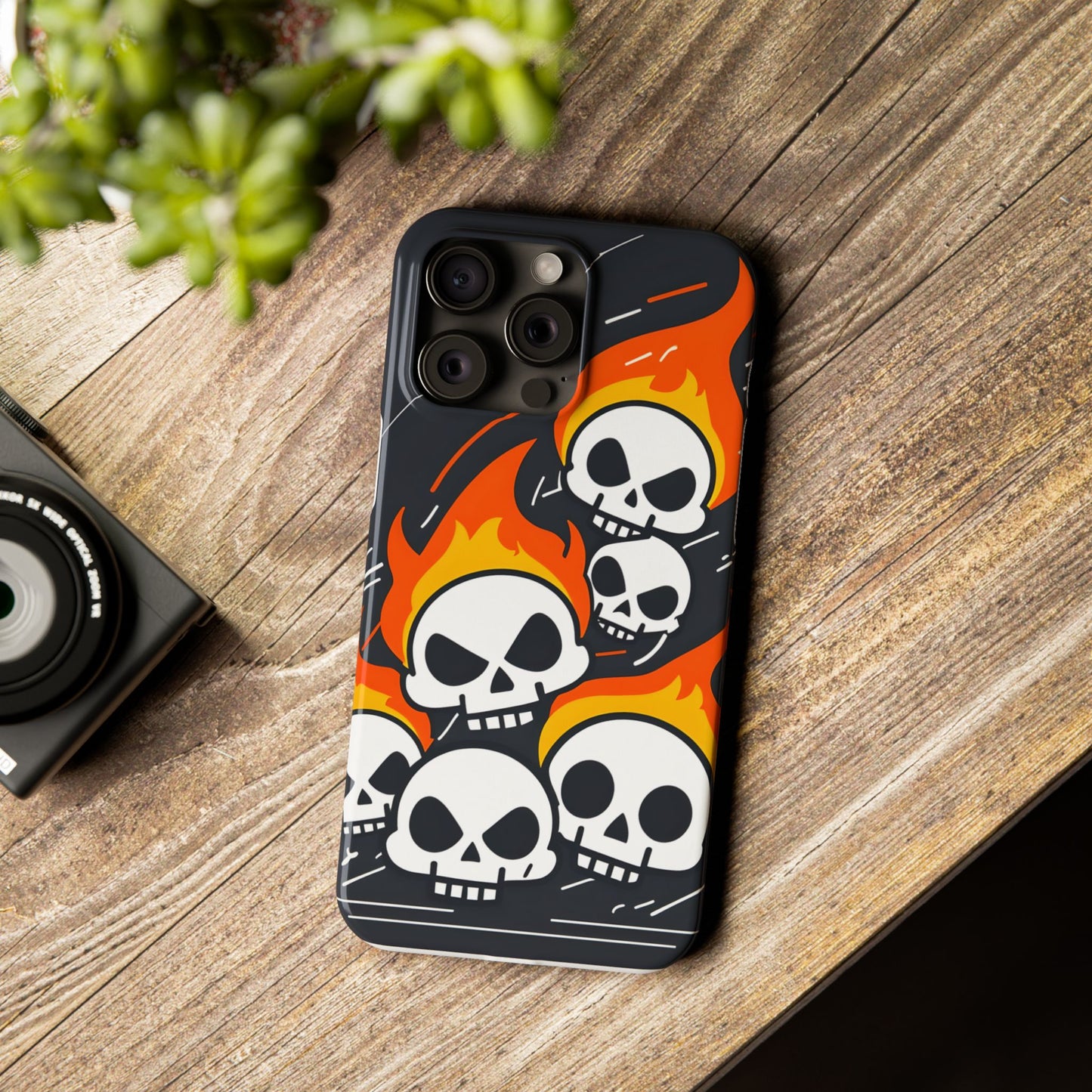 Flaming Skulls Slim Phone Case, Y2K Alt Halloween Aesthetic, Creepy Cute Cartoon Style, Stylish Music Lovers, Perfect Gift for Halloween
