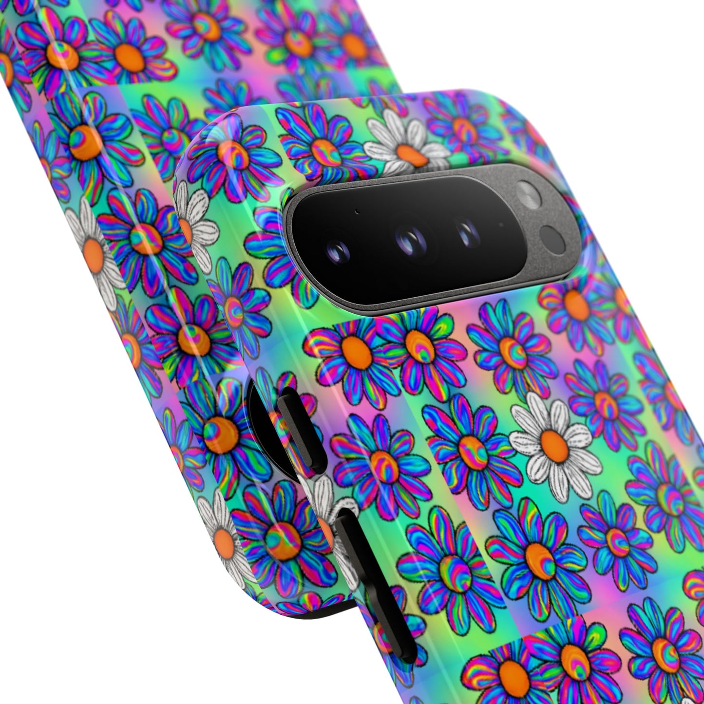 Trippy Daisy Tough Phone Case - Psychedelic Floral Aesthetic, Colorful Groovy Design, Compatible with iPhone, Galaxy, and Google Phones