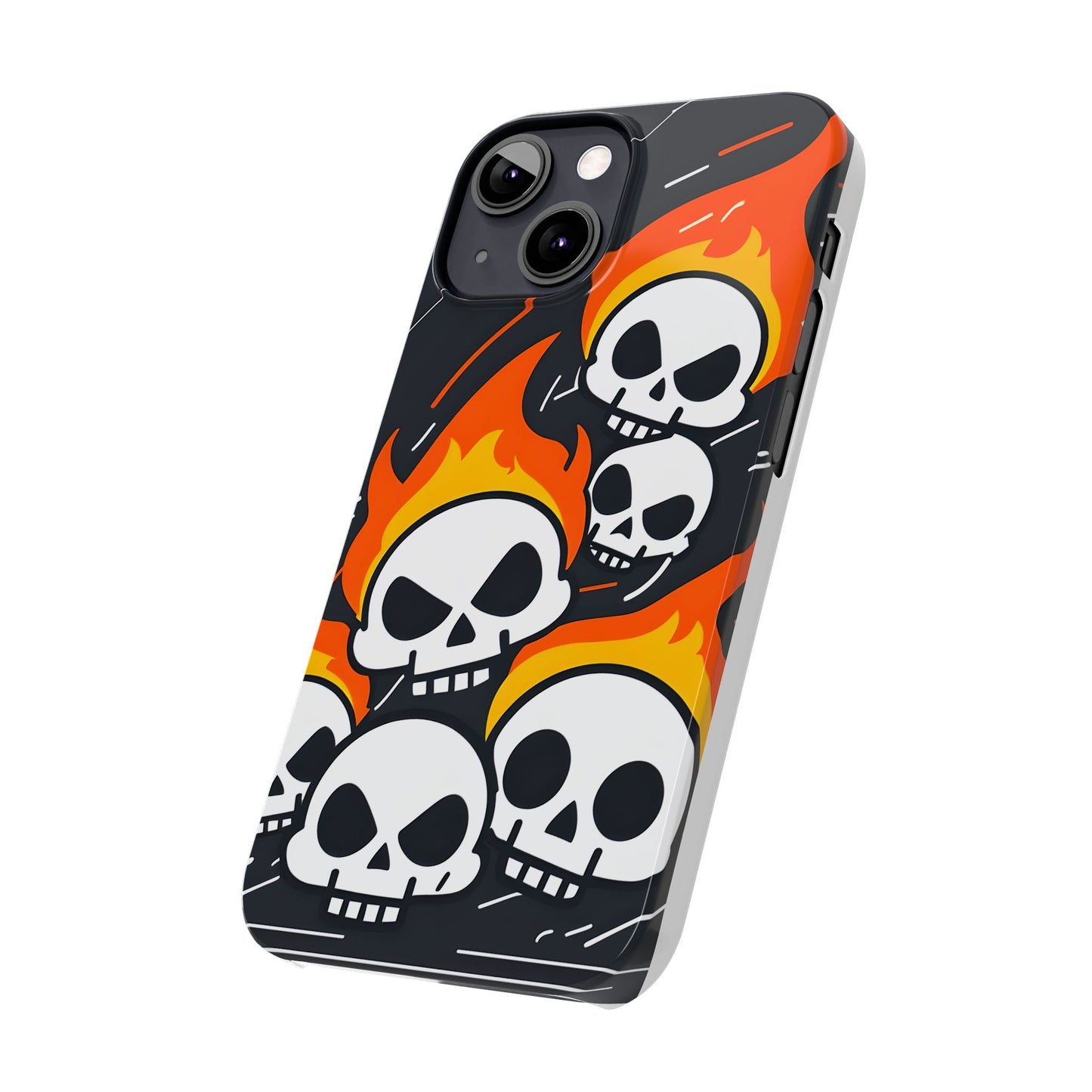 Flaming Skulls Slim Phone Case, Y2K Alt Halloween Aesthetic, Creepy Cute Cartoon Style, Stylish Music Lovers, Perfect Gift for Halloween