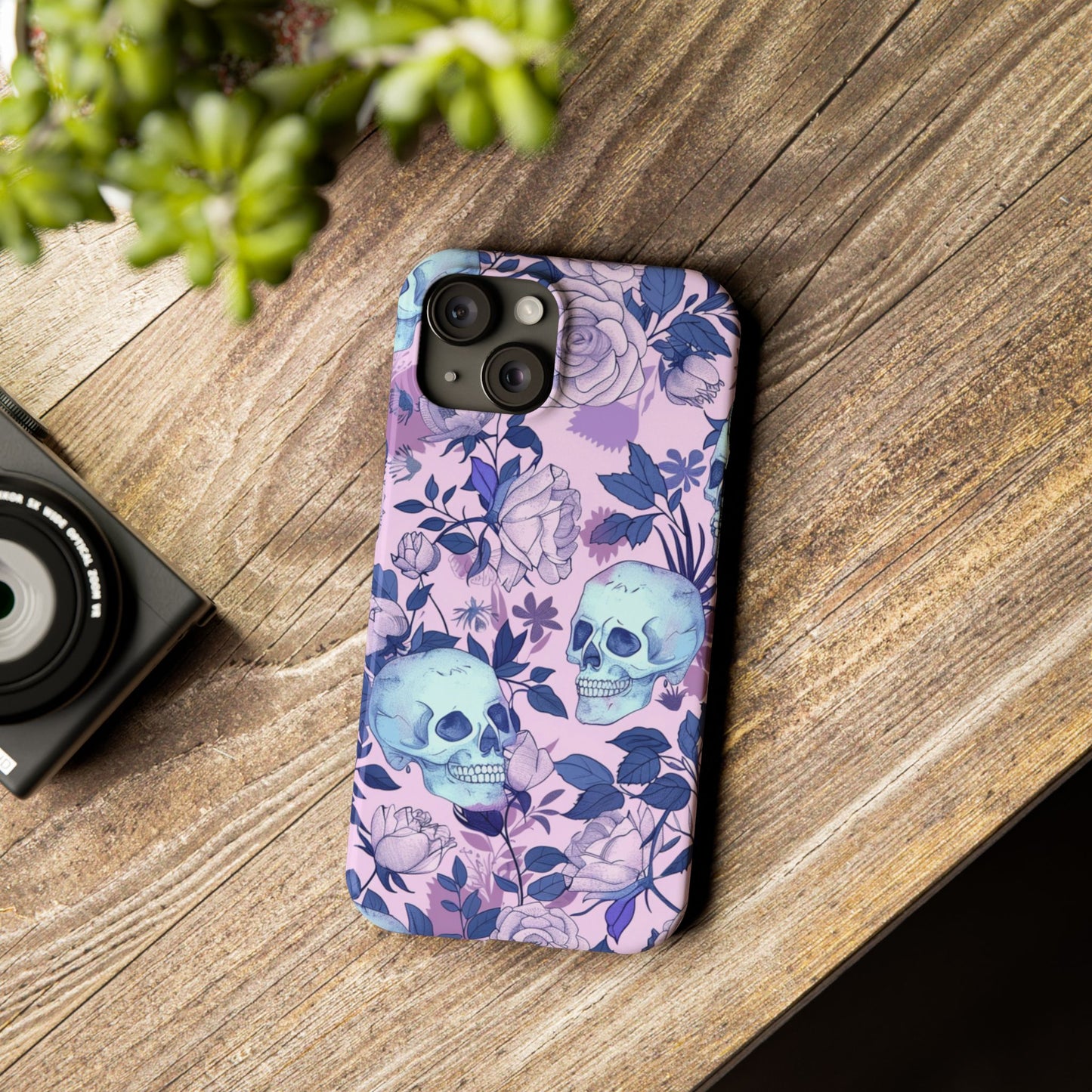 Floral Skull Slim Phone Case - Aesthetic, Trendy, Gift for Goth Lovers, Unique Phone Accessories, Floral Print, Halloween Decor