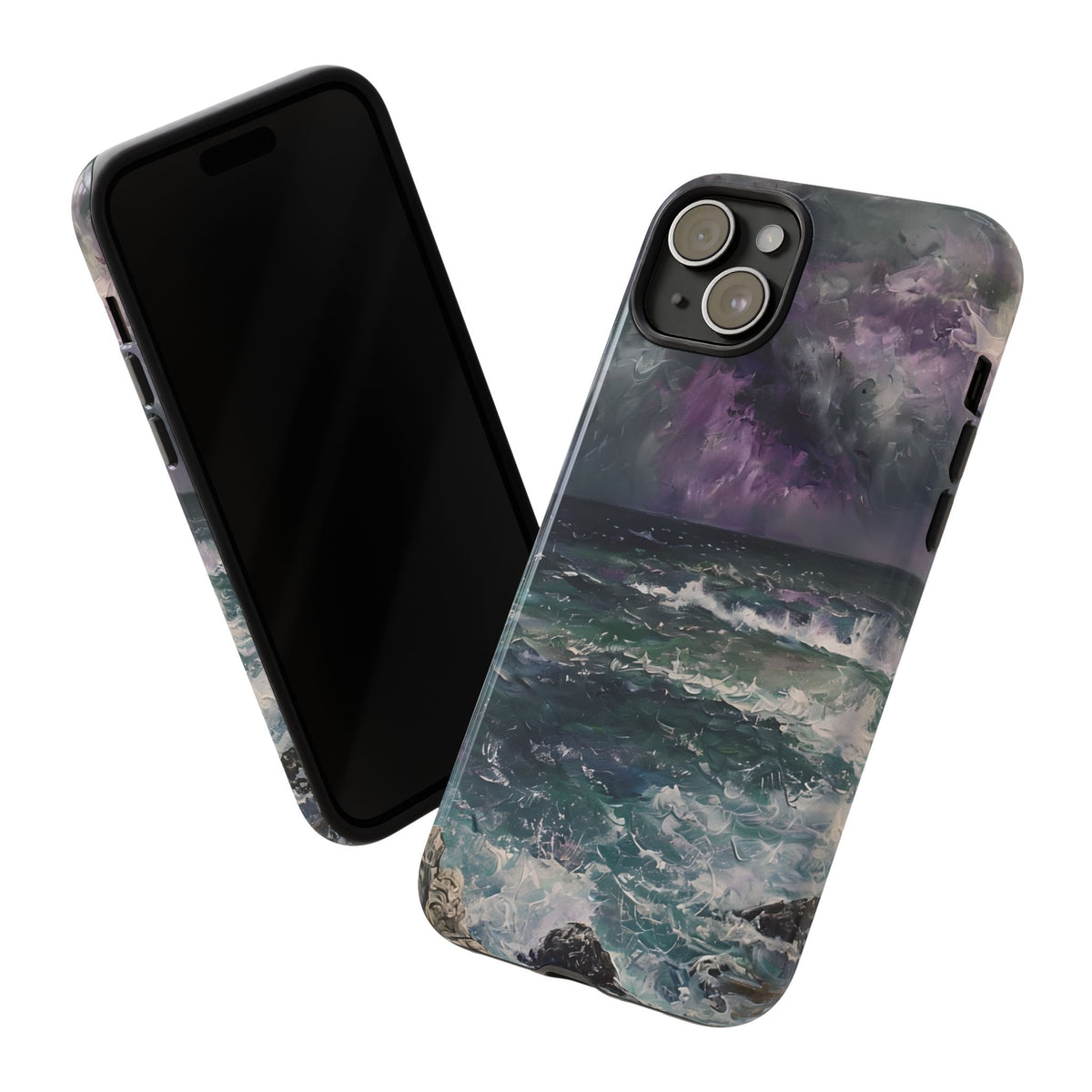 Stormy Ocean Scenery Tough Phone Case, Oil Painting, Dark Sea Waves Compatible with iPhone 17, 16, 15, 14, 13, Galaxy, Google
