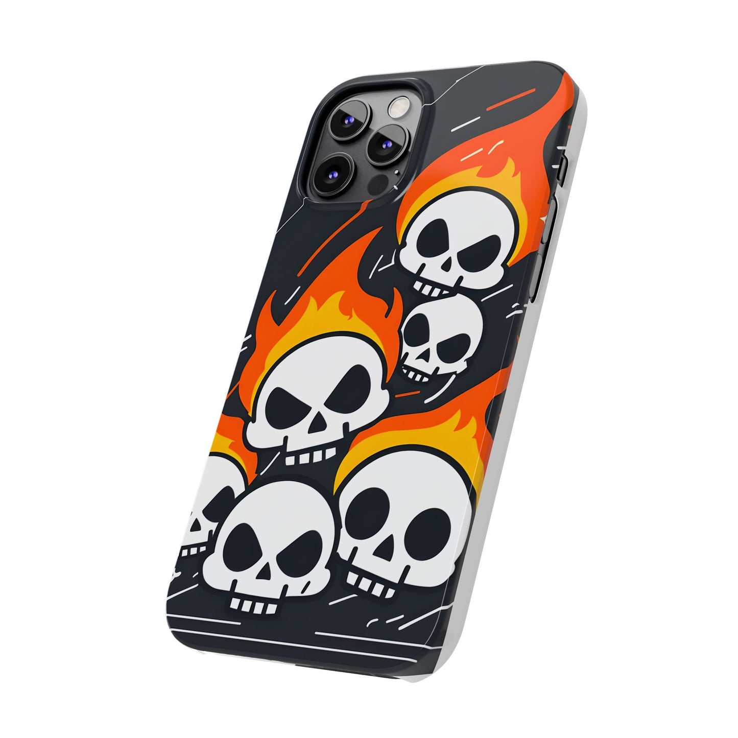 Flaming Skulls Slim Phone Case, Y2K Alt Halloween Aesthetic, Creepy Cute Cartoon Style, Stylish Music Lovers, Perfect Gift for Halloween