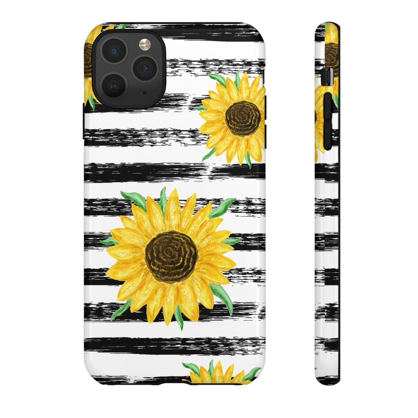 Sunflower Tough Phone Case - Bright Yellow Floral Art, Black and White Striped Aesthetic, Compatible with iPhone, Galaxy, and Google Phones