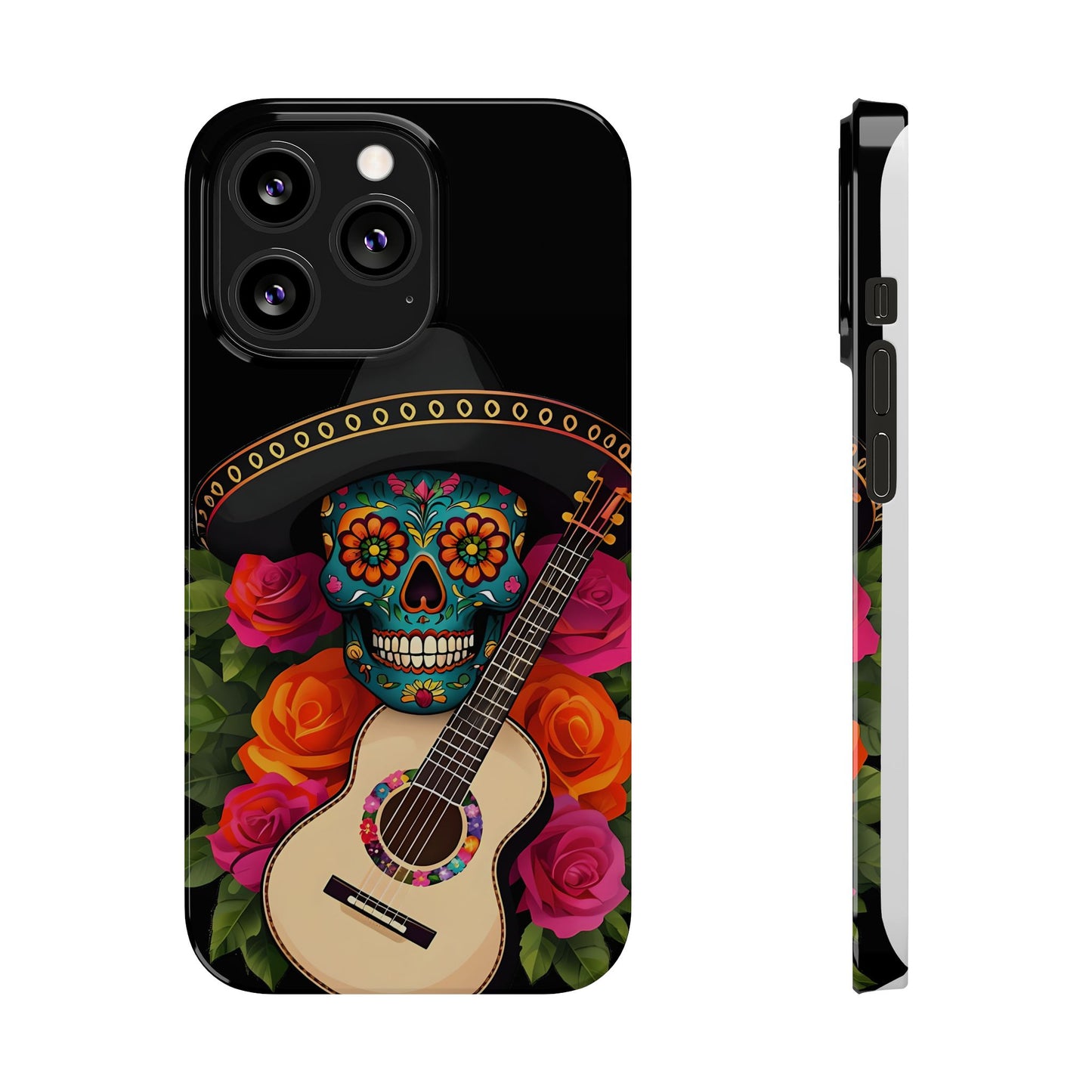 Mariachi Skull Slim Phone Case, Colorful Folk Aesthetic, Halloween Floral Skull Design, Gift for Mexican Culture Lovers